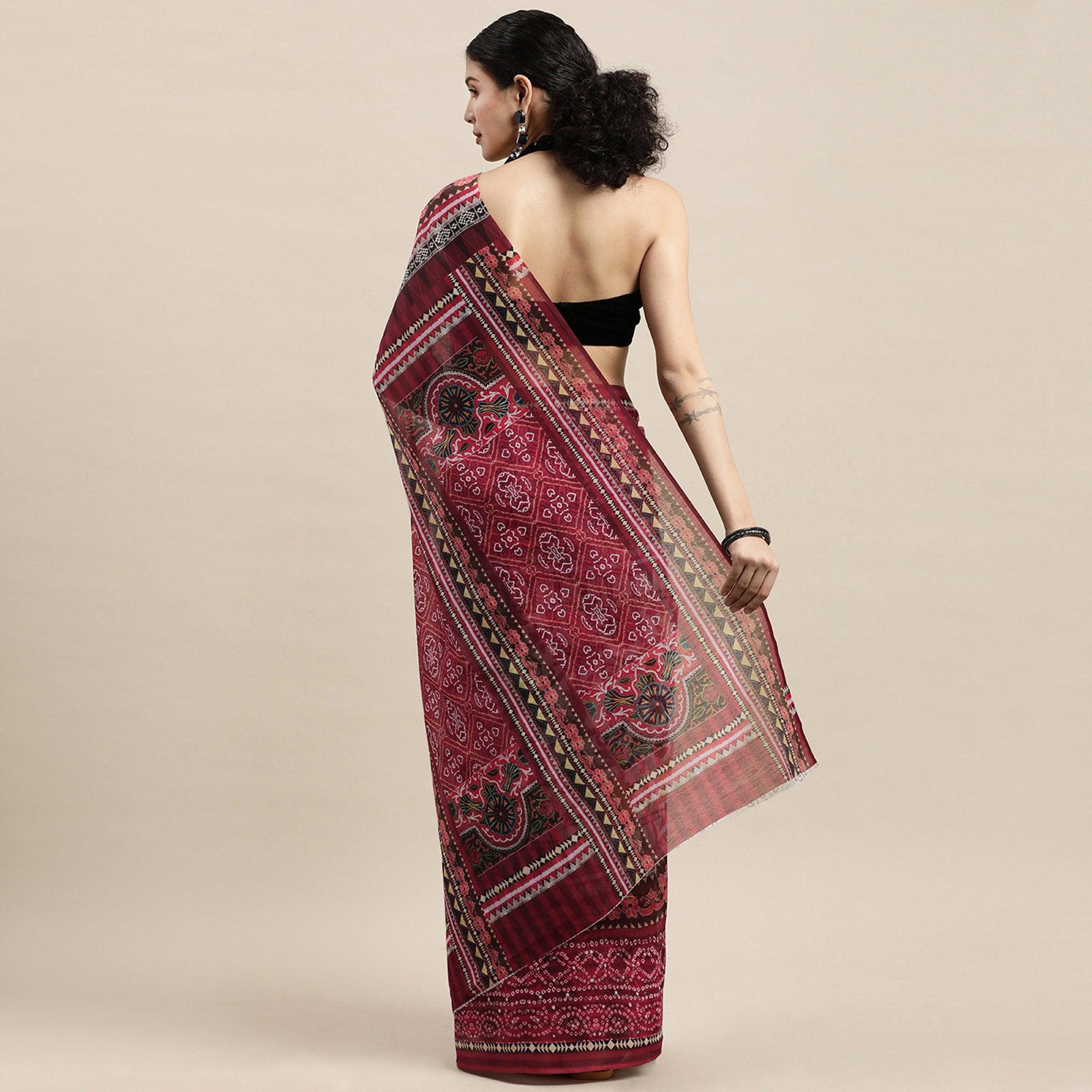 Pink Casual Wear Floral Printed Cotton Saree - Peachmode