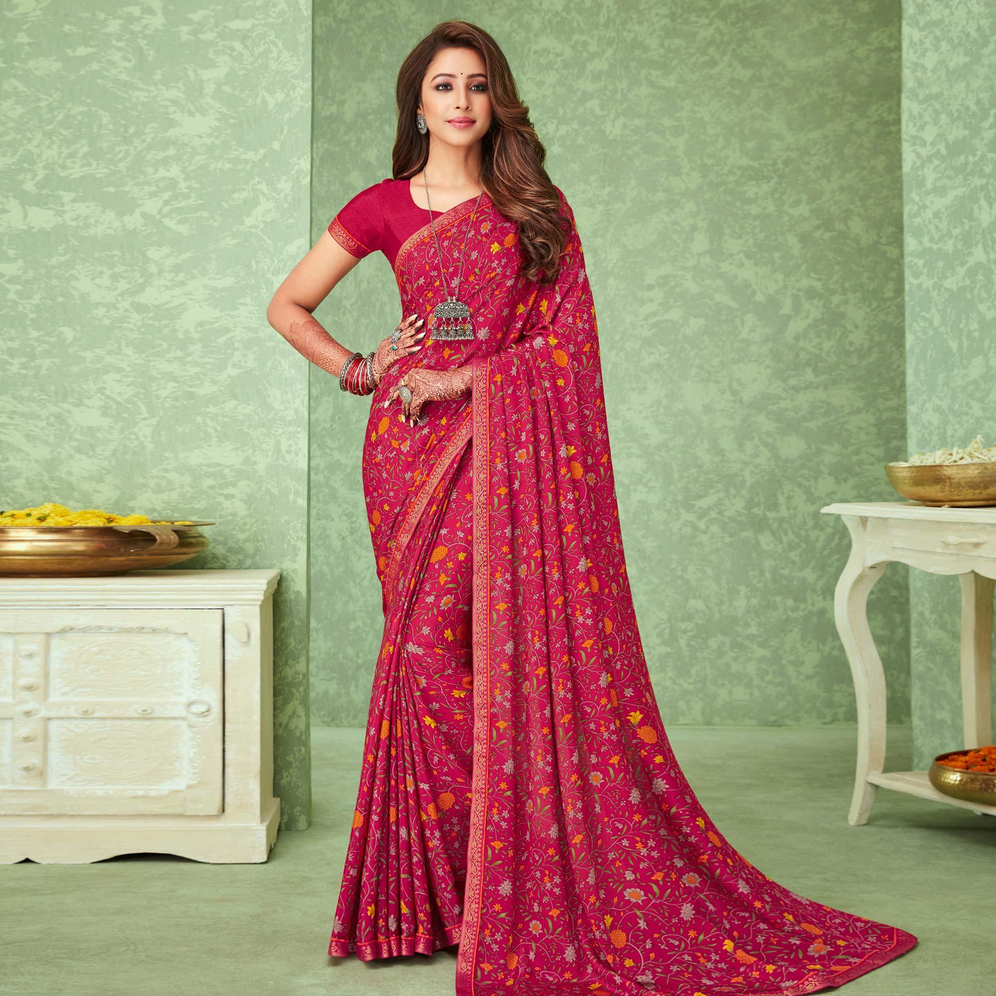 Pink Casual Wear Floral Printed Crepe Saree With Banarasi Border - Peachmode