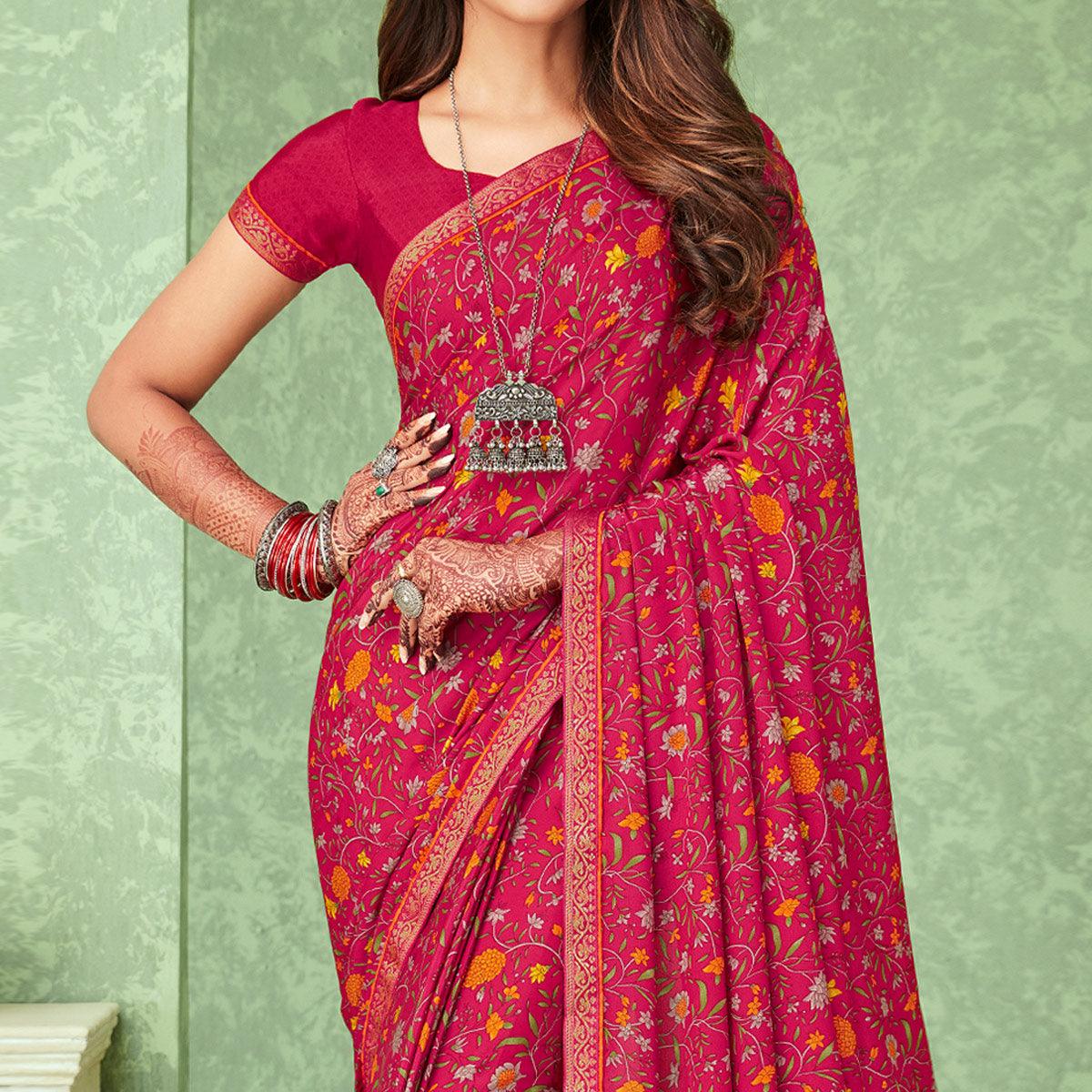 Pink Casual Wear Floral Printed Crepe Saree With Banarasi Border - Peachmode