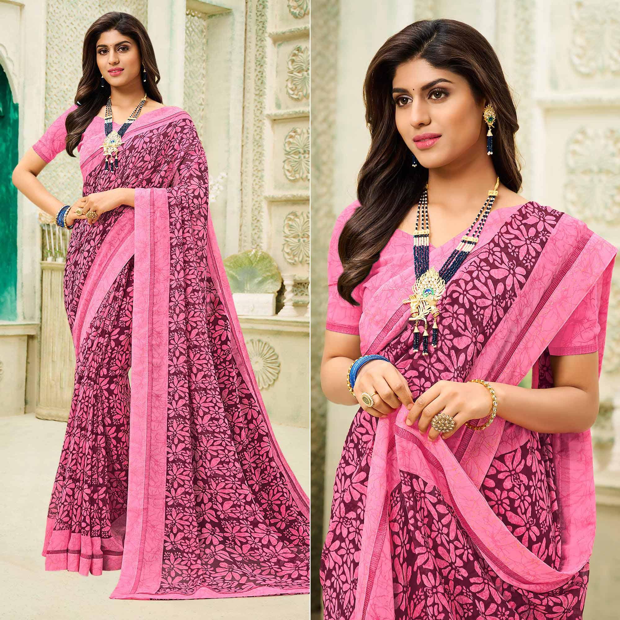 Pink Casual Wear Floral Printed Georgette Saree - Peachmode