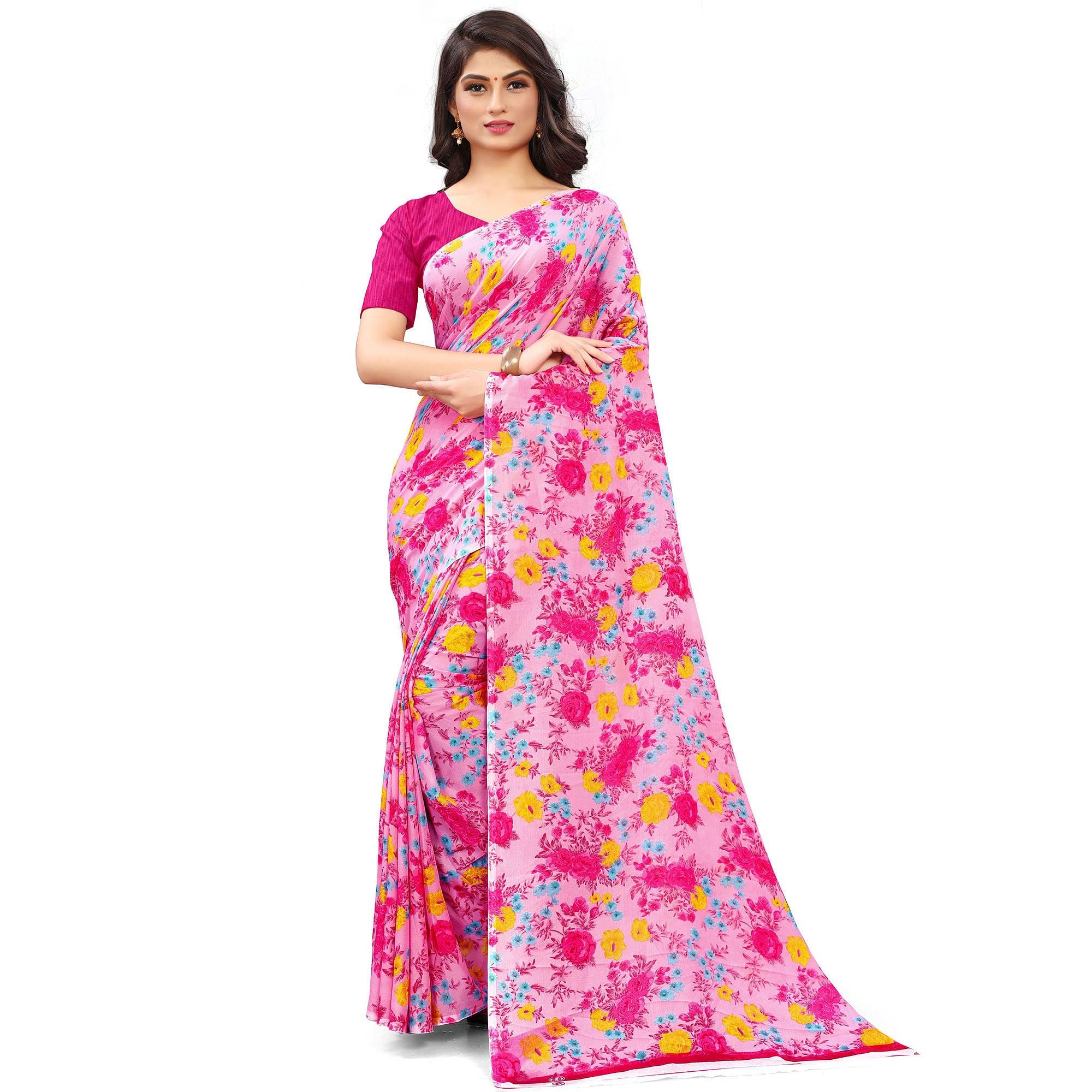 Pink Casual Wear Floral Printed Georgette Saree - Peachmode