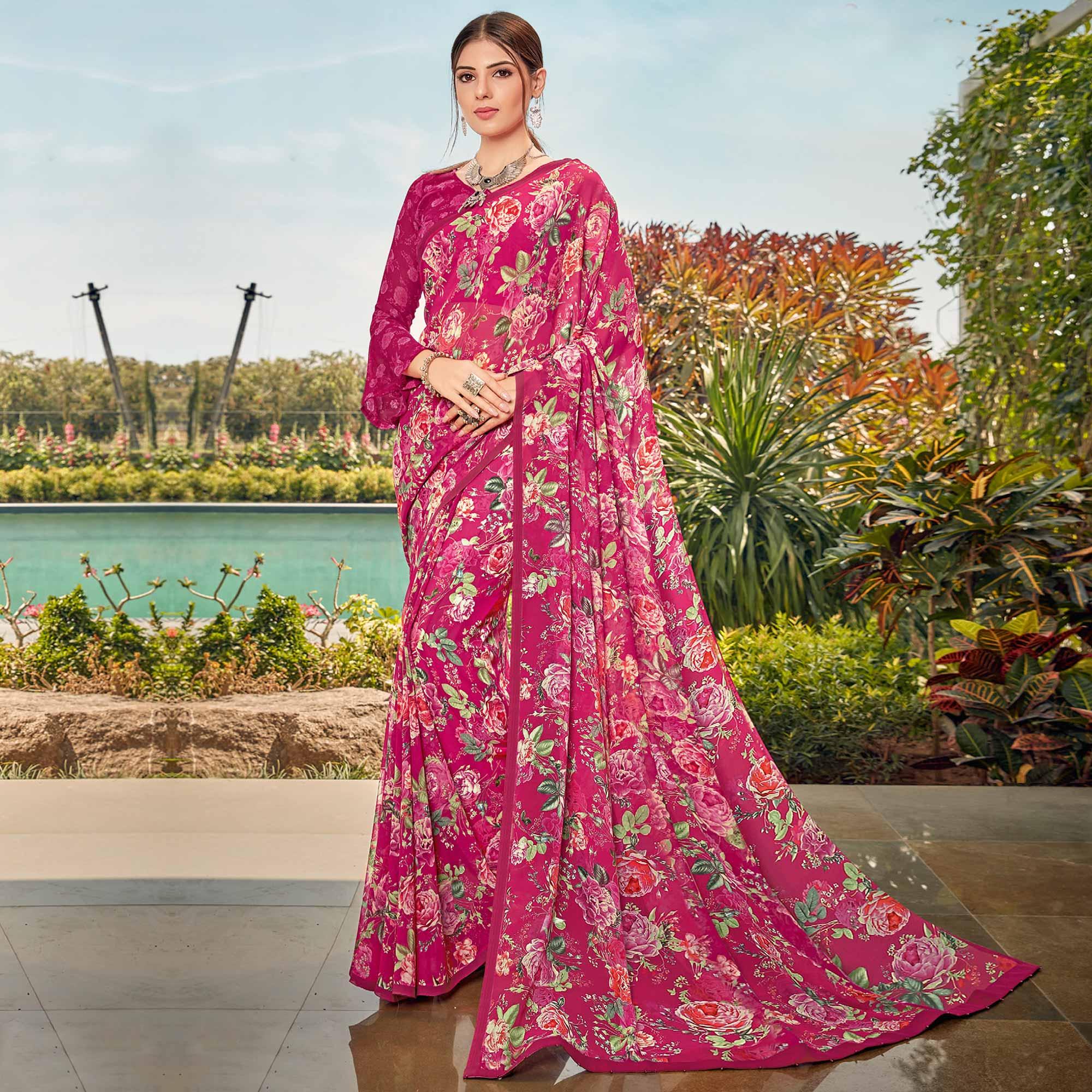 Pink Casual Wear Floral Printed Georgette Saree - Peachmode