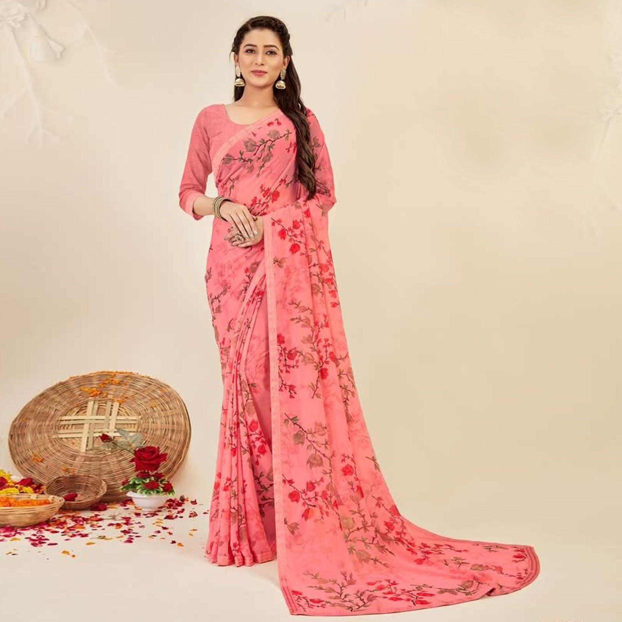 Pink Casual Wear Floral Printed Georgette Saree - Peachmode