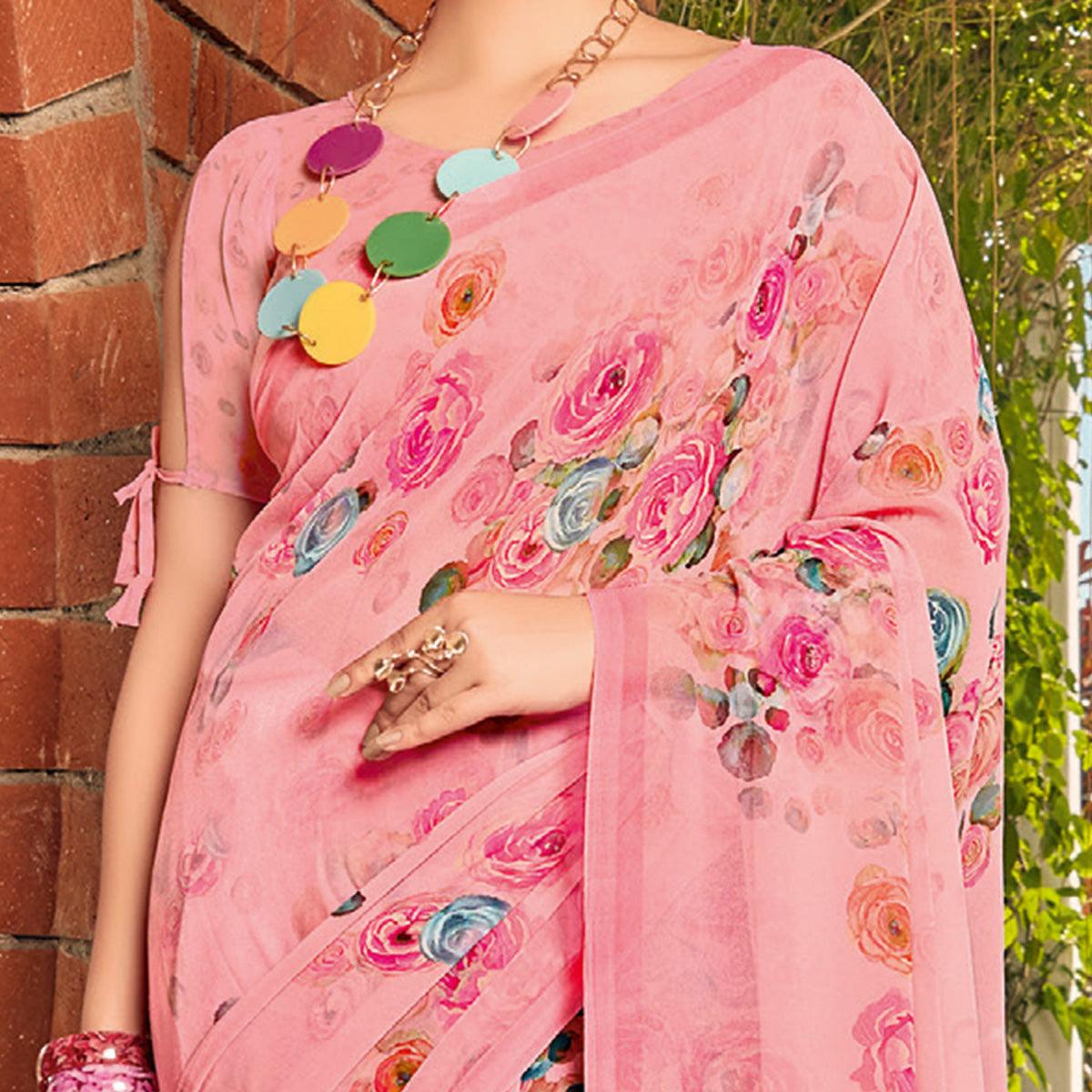 Pink Casual Wear Floral Printed Georgette Saree - Peachmode