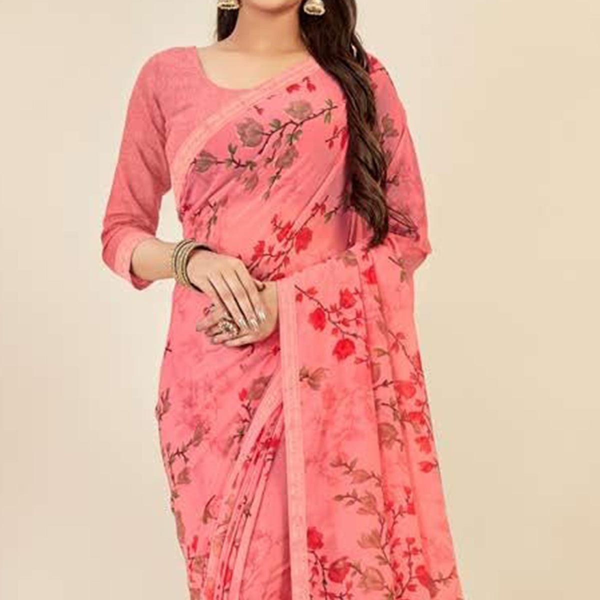 Pink Casual Wear Floral Printed Georgette Saree - Peachmode