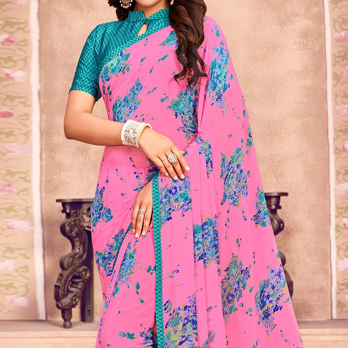 Pink Casual Wear Floral Printed Georgette Saree - Peachmode