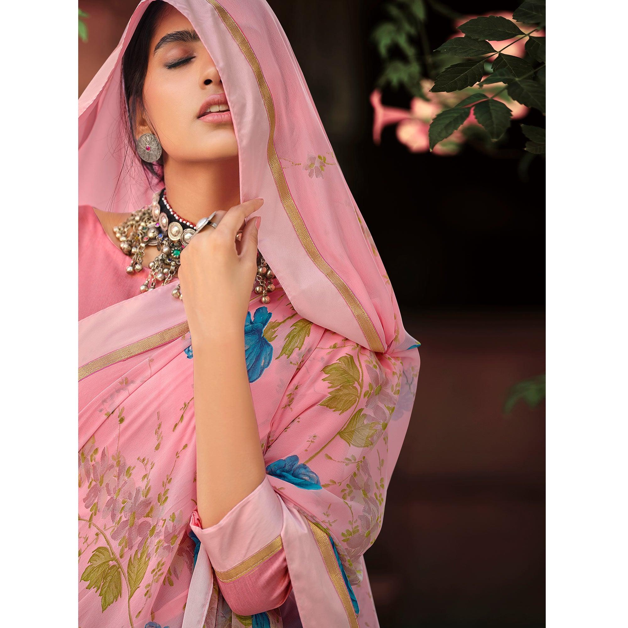 Pink Casual Wear Floral Printed Georgette Saree - Peachmode