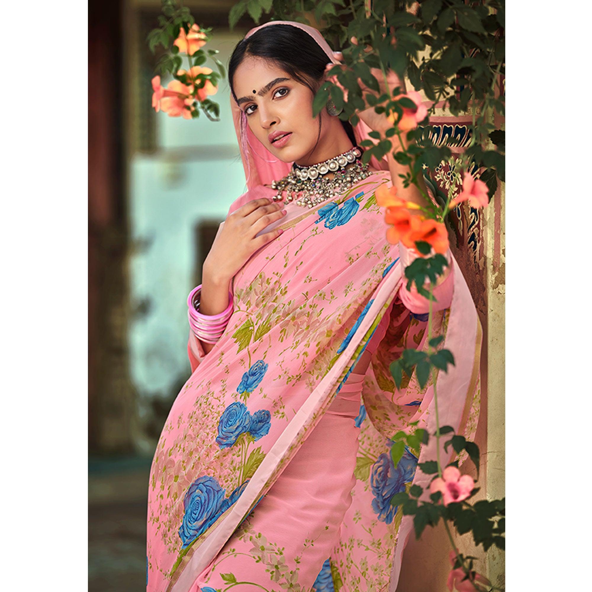 Pink Casual Wear Floral Printed Georgette Saree - Peachmode