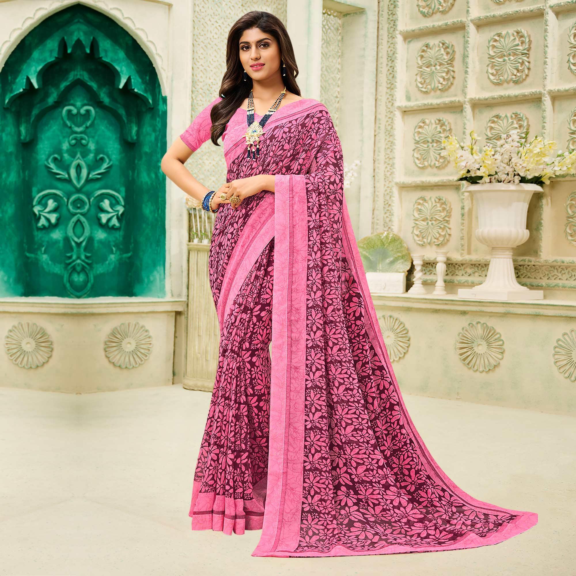 Pink Casual Wear Floral Printed Georgette Saree - Peachmode
