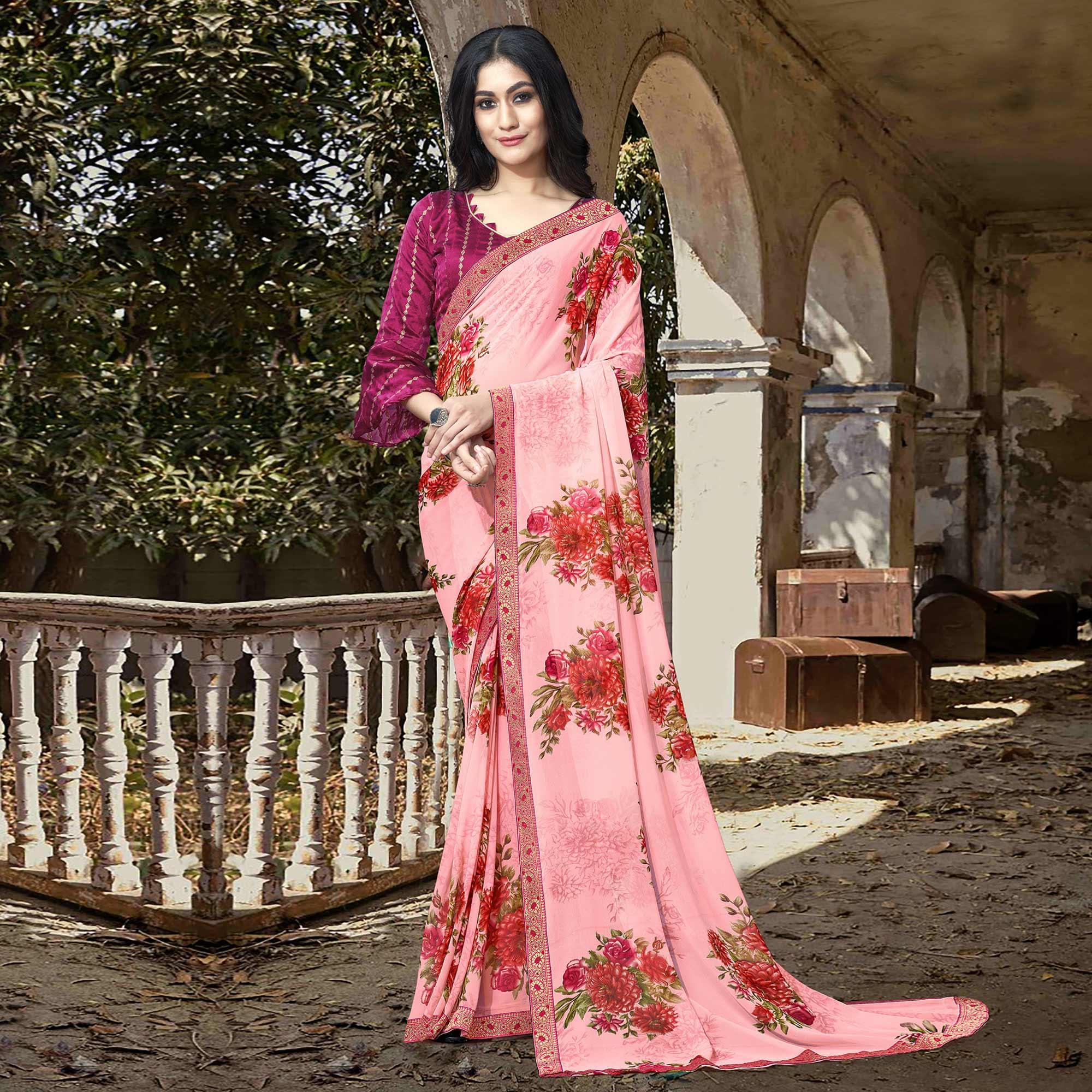 Pink Casual Wear Floral Printed Georgette Saree With Lace Border - Peachmode