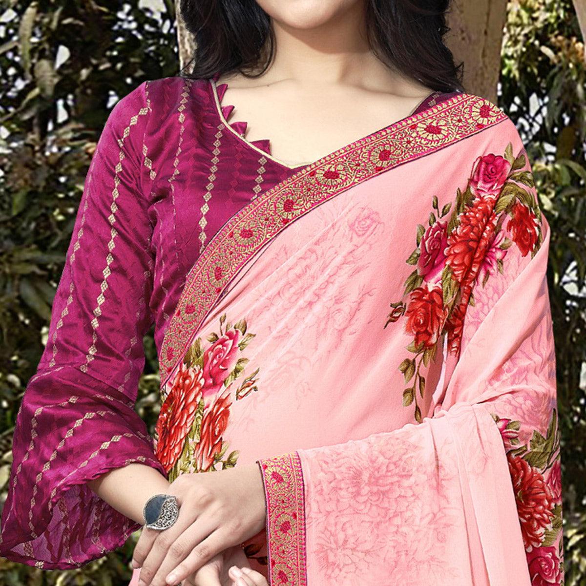 Pink Casual Wear Floral Printed Georgette Saree With Lace Border - Peachmode