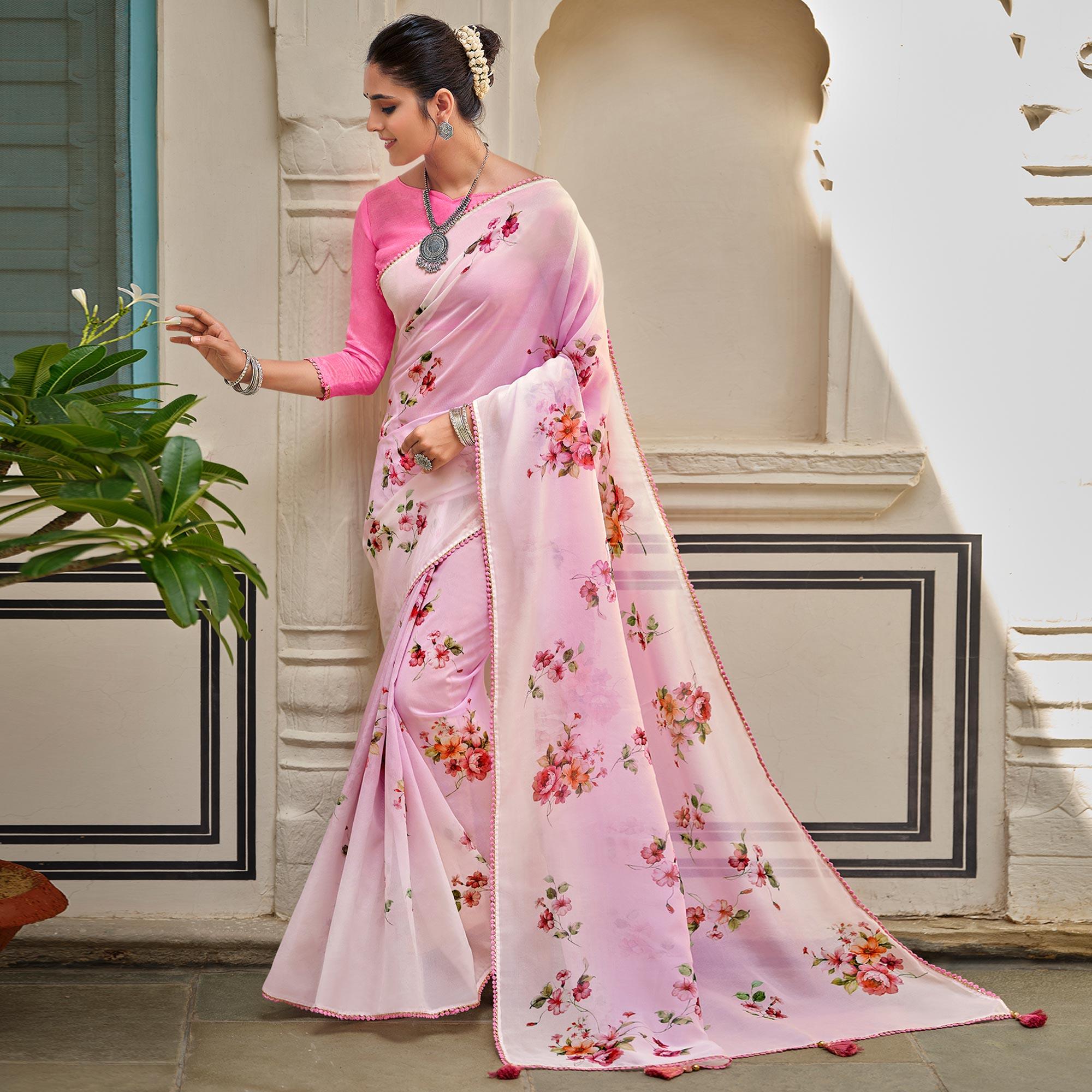 Pink Casual Wear Floral Printed Heavy Organza Silk Saree - Peachmode