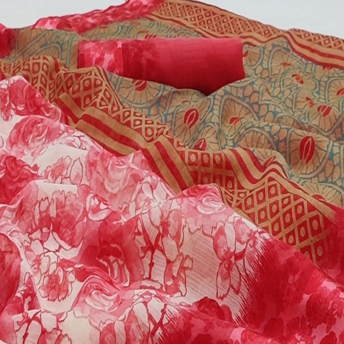 Pink Casual Wear Floral Printed Linen-Satin Saree - Peachmode