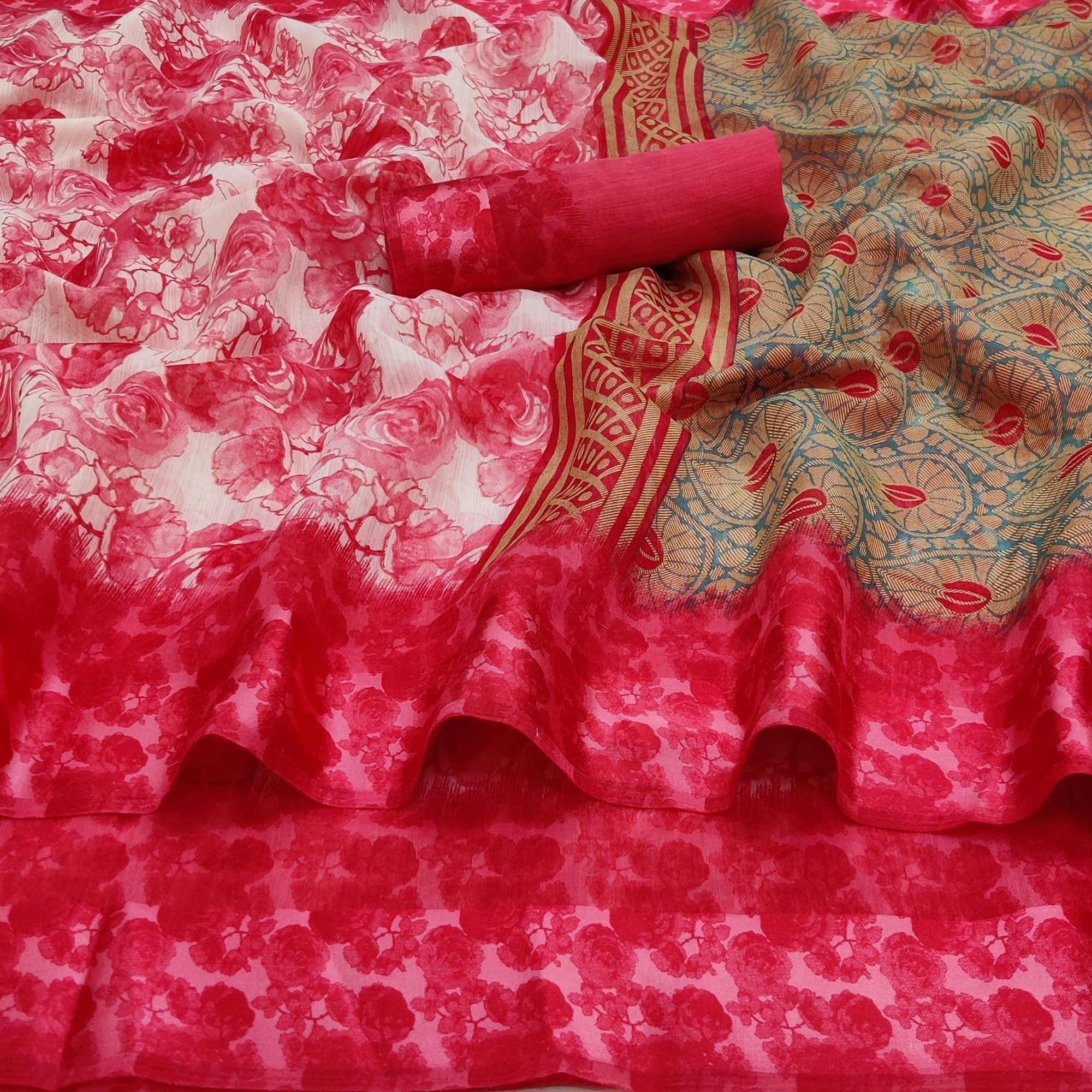 Pink Casual Wear Floral Printed Linen-Satin Saree - Peachmode