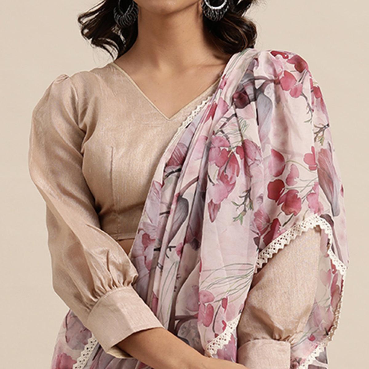 Pink Casual Wear  Floral Printed Poly Georgette Saree - Peachmode