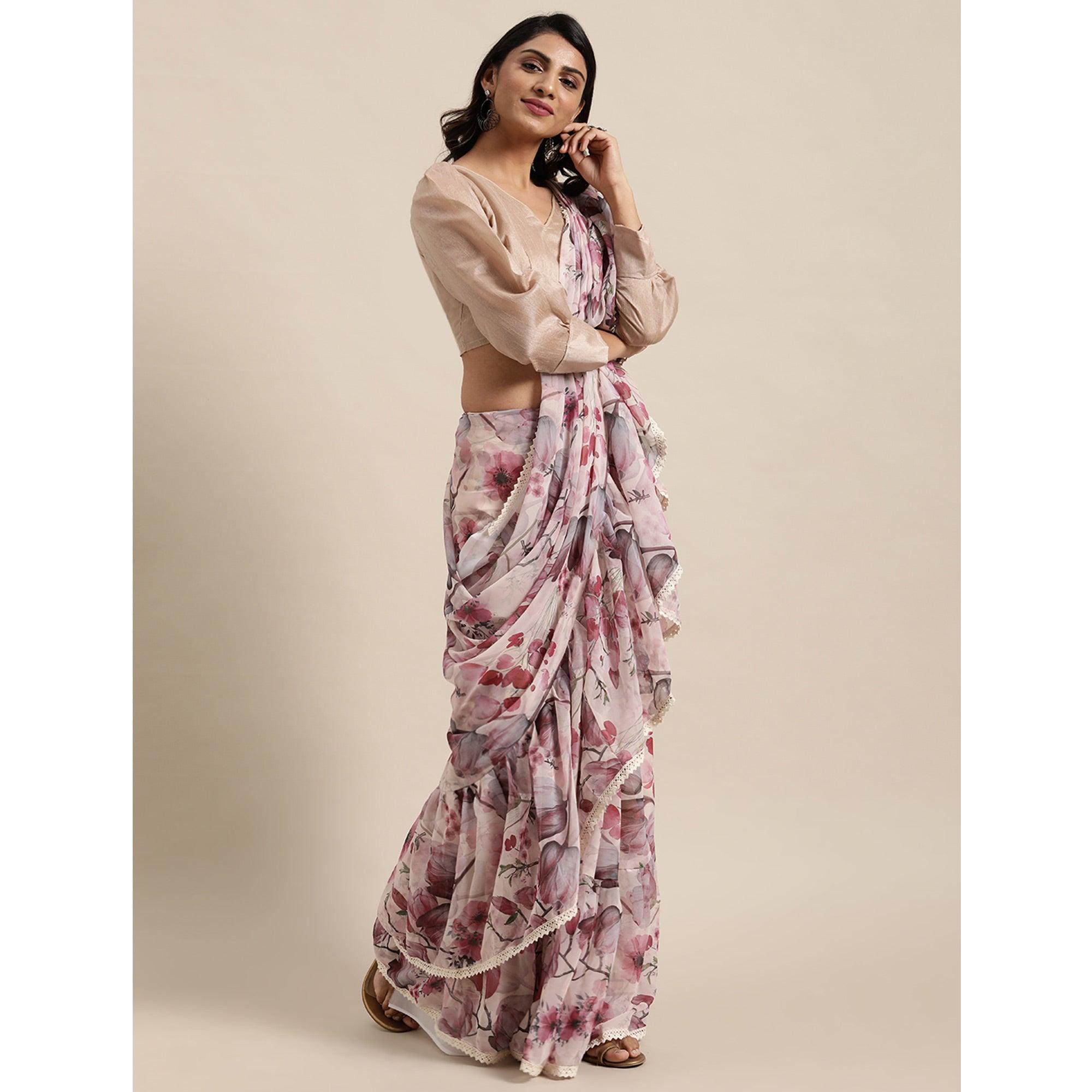 Pink Casual Wear  Floral Printed Poly Georgette Saree - Peachmode