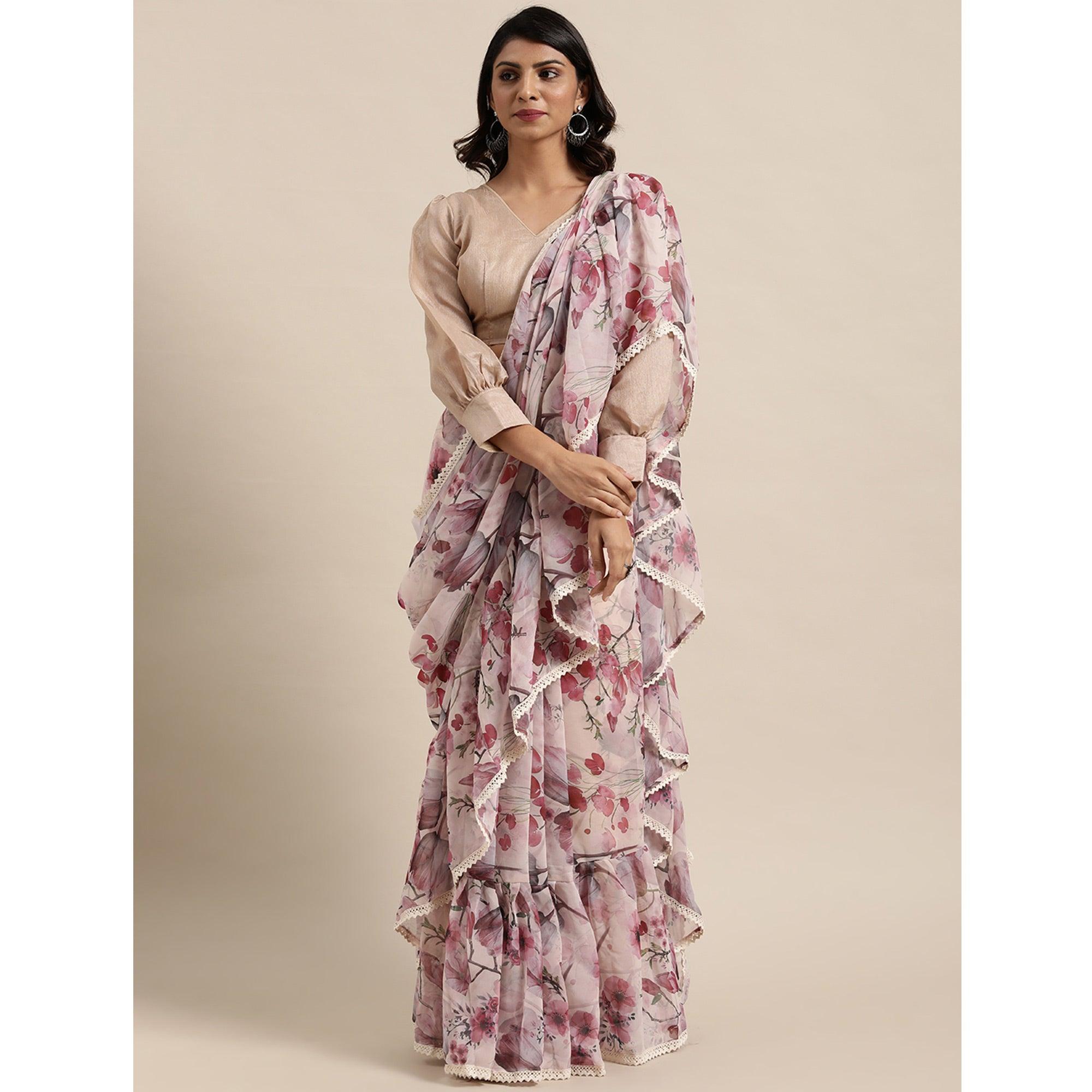 Pink Casual Wear  Floral Printed Poly Georgette Saree - Peachmode