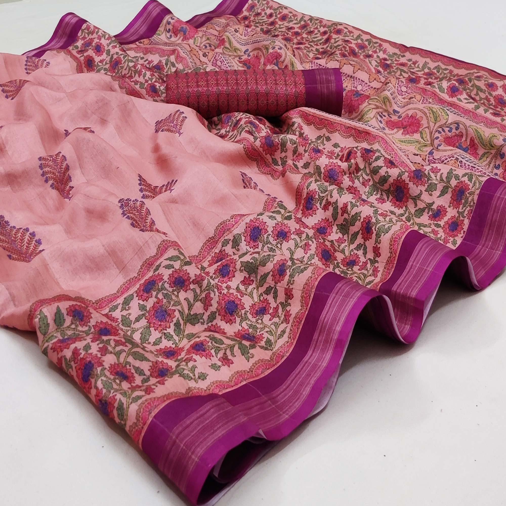Pink Casual Wear Floral Printed Silk Saree - Peachmode