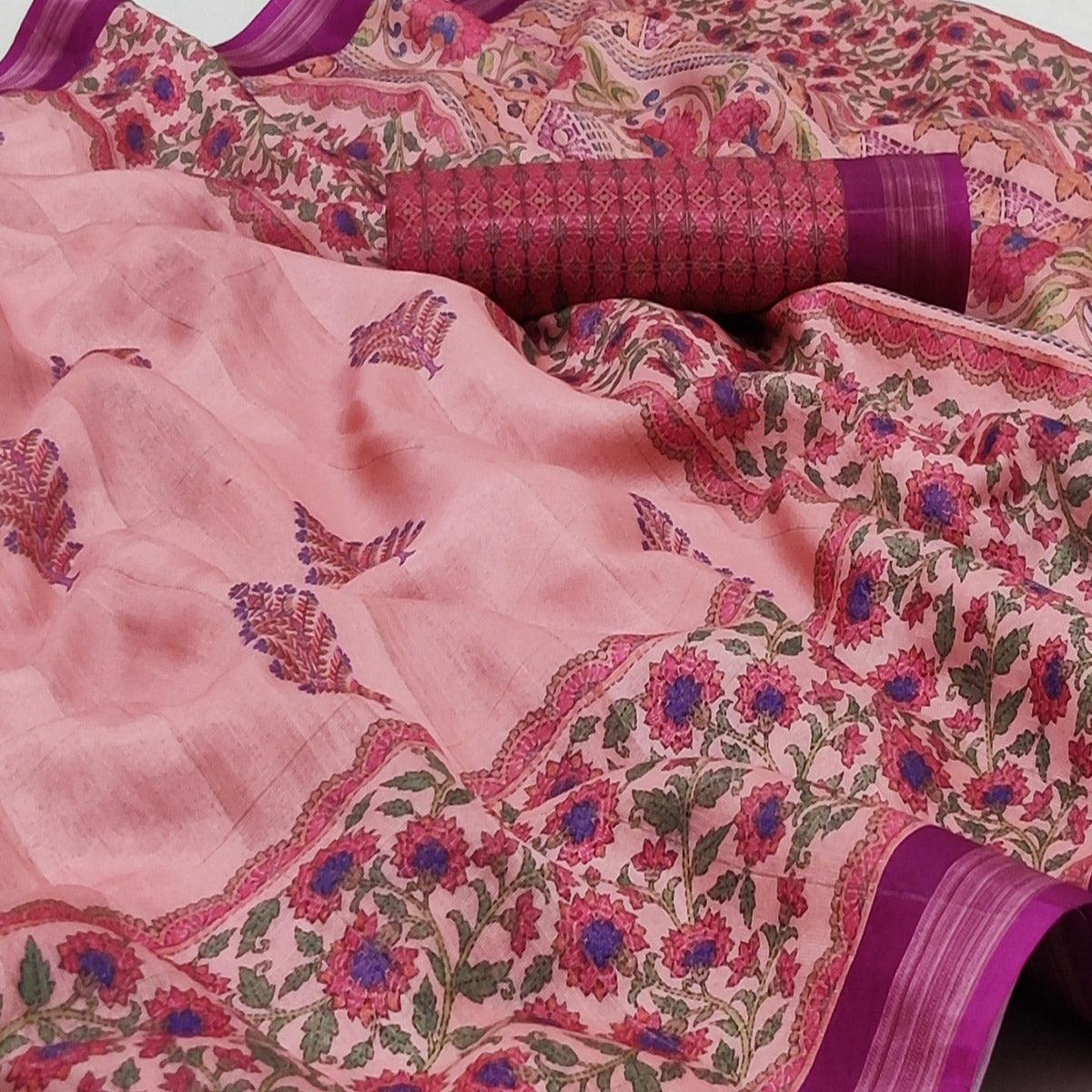 Pink Casual Wear Floral Printed Silk Saree - Peachmode