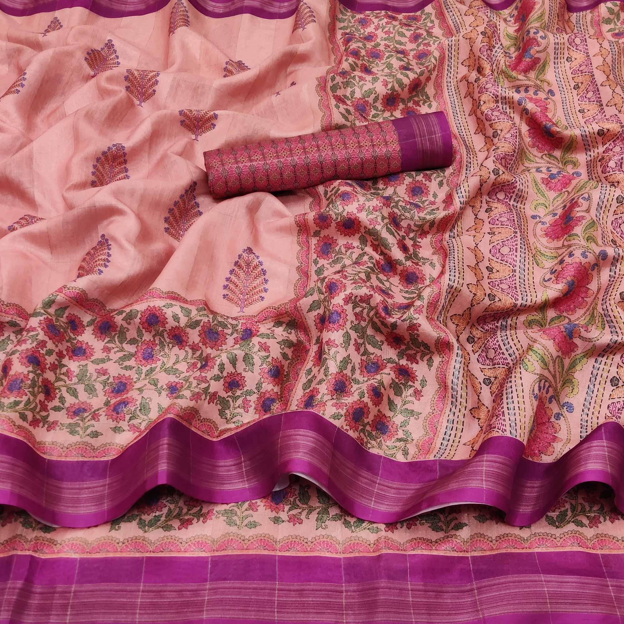 Pink Casual Wear Floral Printed Silk Saree - Peachmode