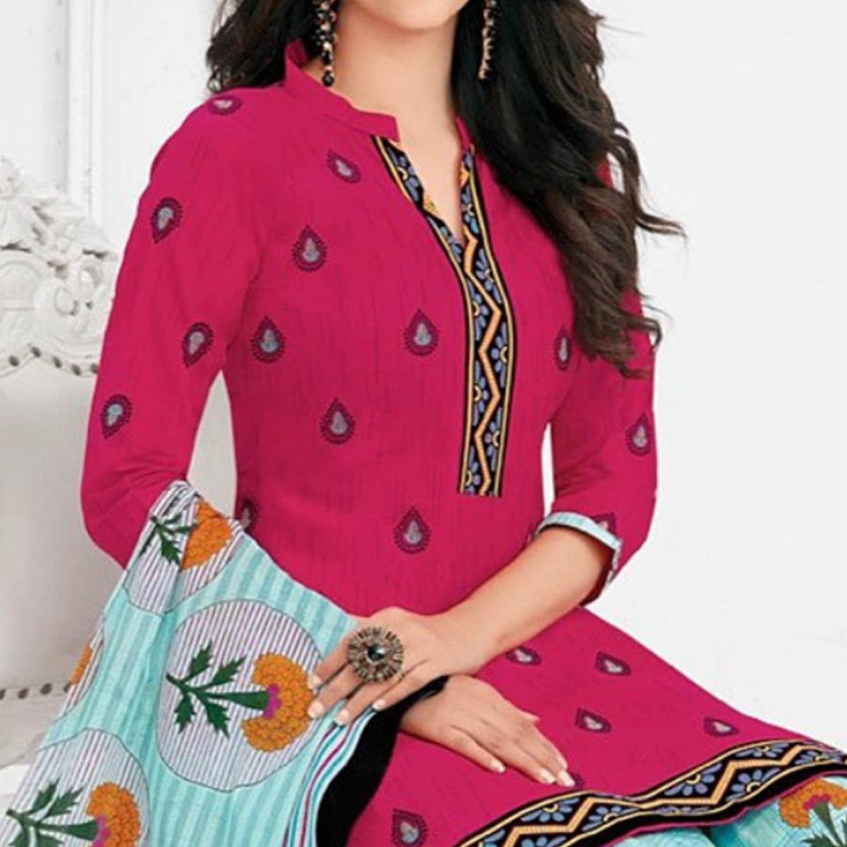 Pink Casual Wear Floral Printed Stitched Cotton Patiyala Suit With Dupatta - Peachmode