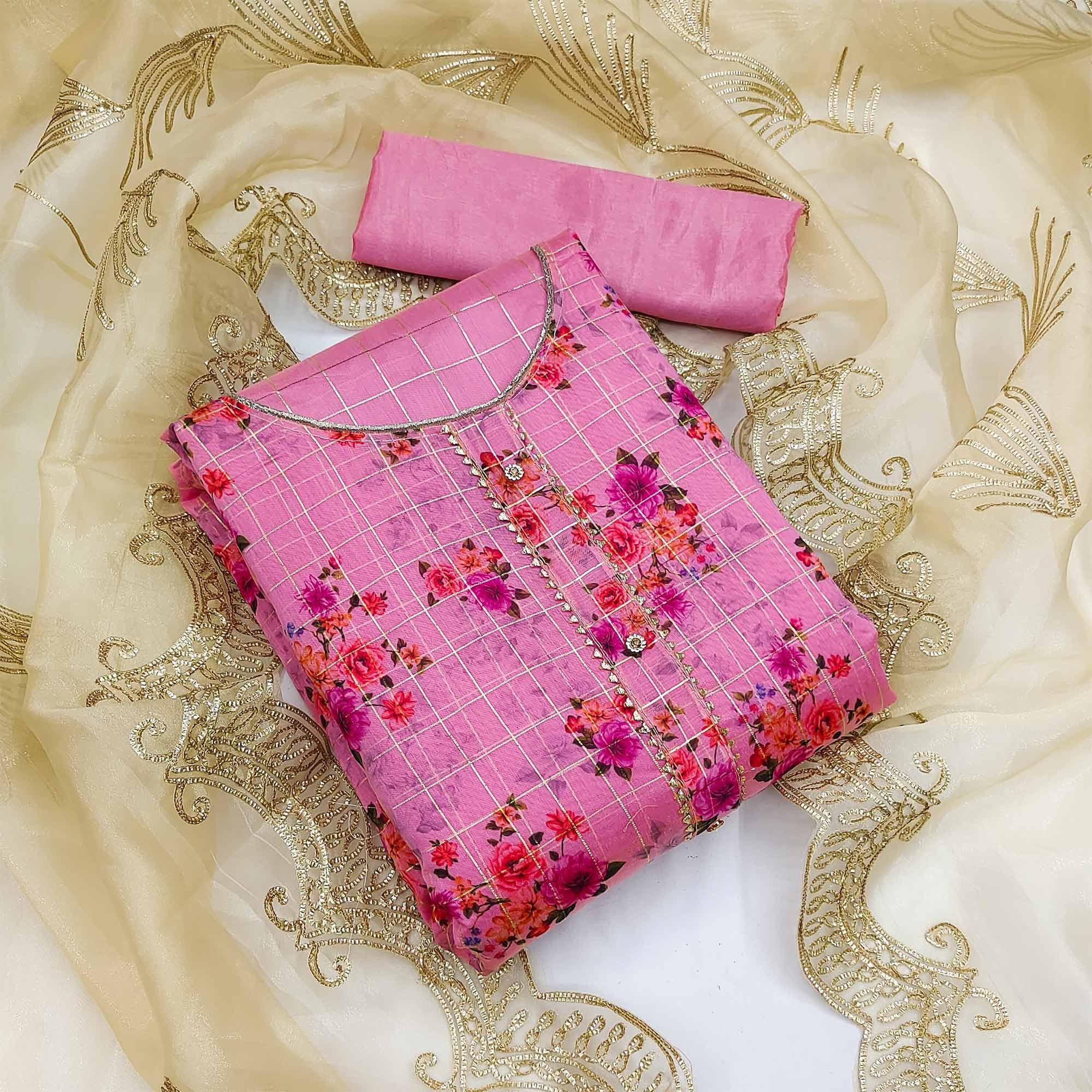 Pink Casual Wear Floral Printed With Checks Chanderi Dress Material - Peachmode