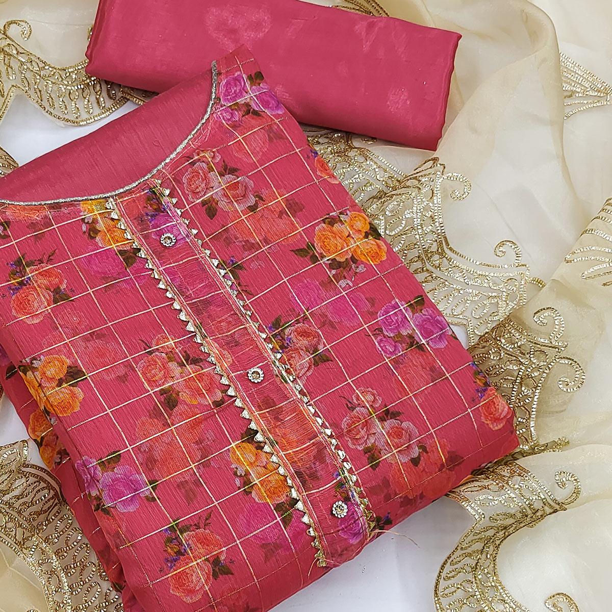 Pink Casual Wear Floral Printed With Checks Chanderi Dress Material - Peachmode