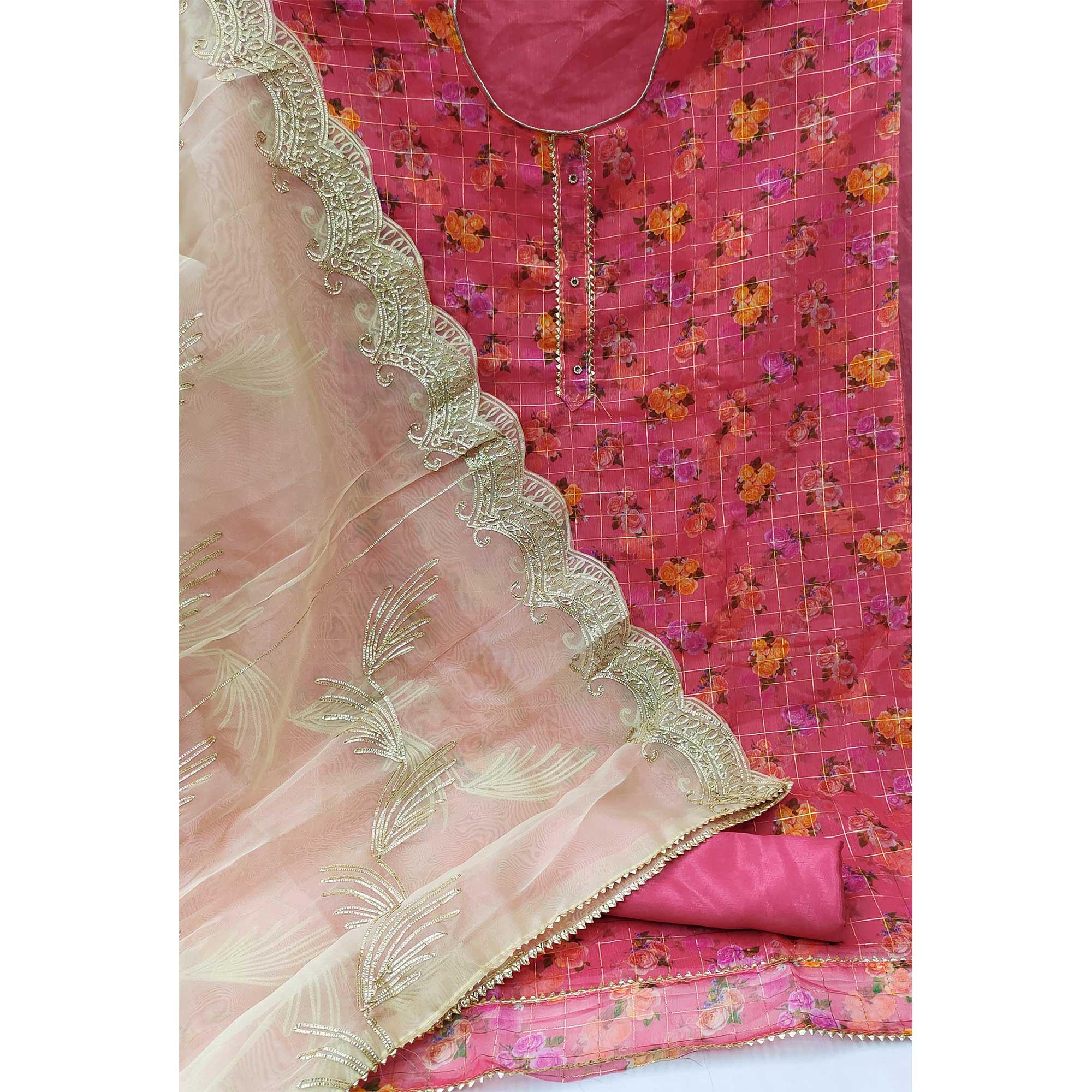 Pink Casual Wear Floral Printed With Checks Chanderi Dress Material - Peachmode