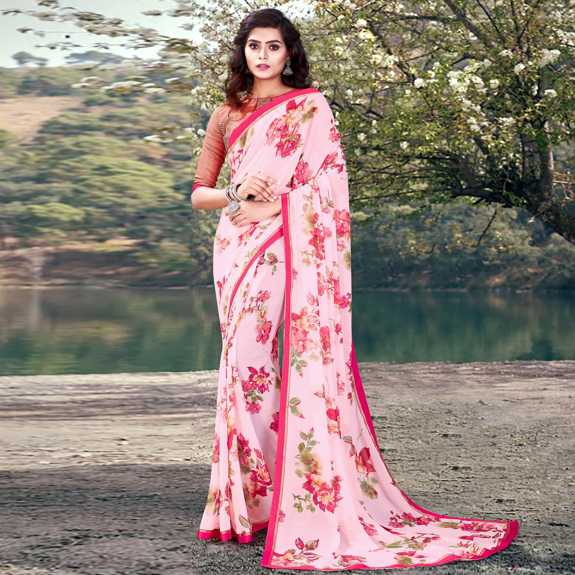 Pink Casual Wear Floral Printed With Lace Border Weightless Georgette Saree - Peachmode