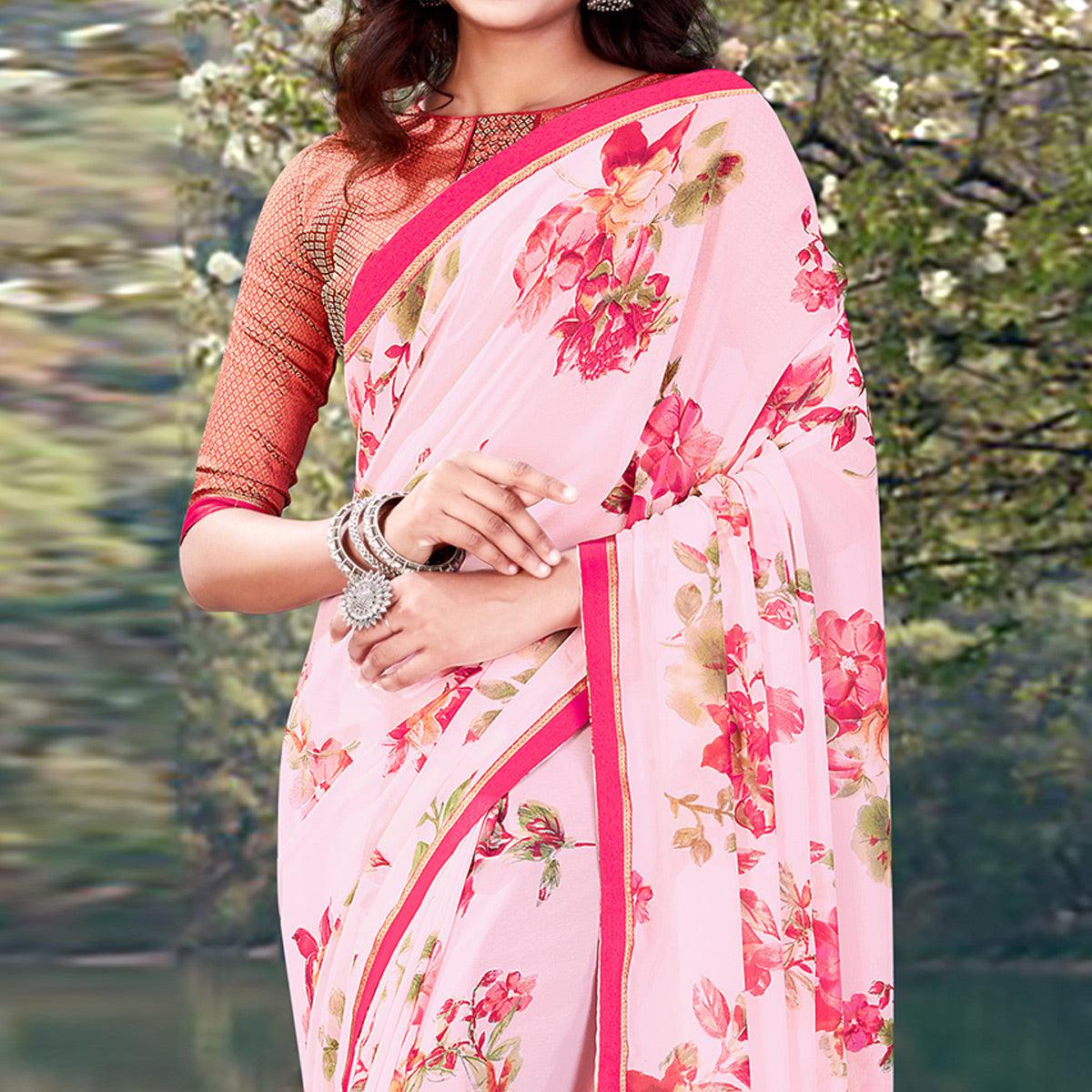 Pink Casual Wear Floral Printed With Lace Border Weightless Georgette Saree - Peachmode