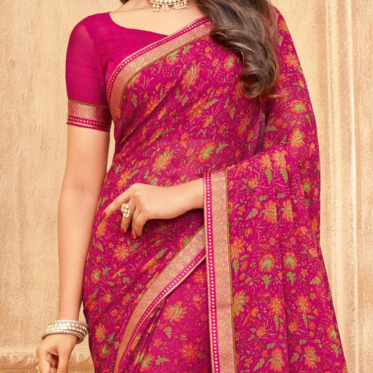 Pink Casual Wear Floral Printed with Tassels Chiffon Saree - Peachmode
