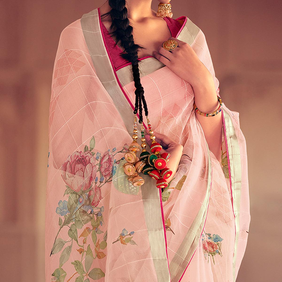 Pink Casual Wear Floral Printed With Weaving Sequence Organza Saree - Peachmode