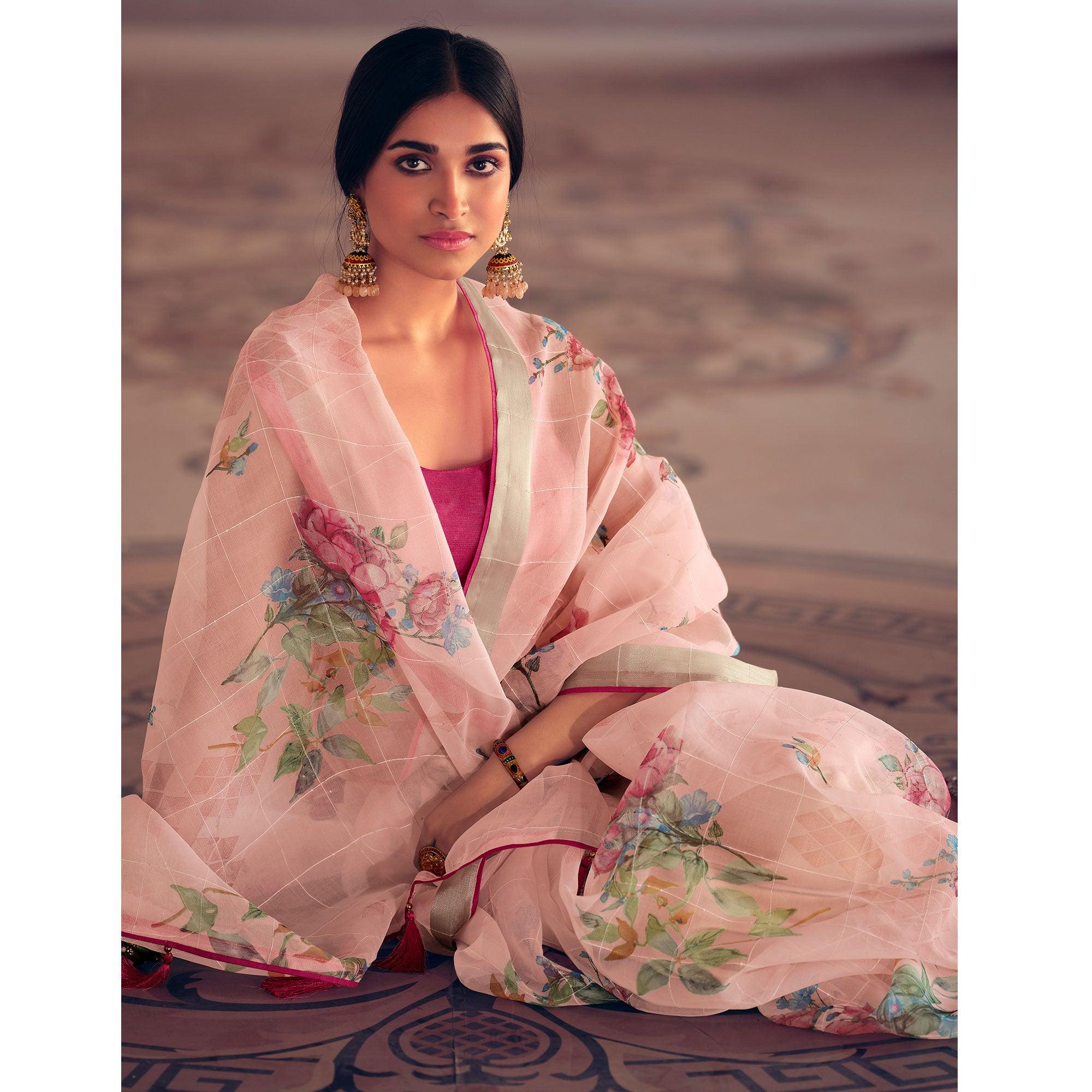 Pink Casual Wear Floral Printed With Weaving Sequence Organza Saree - Peachmode