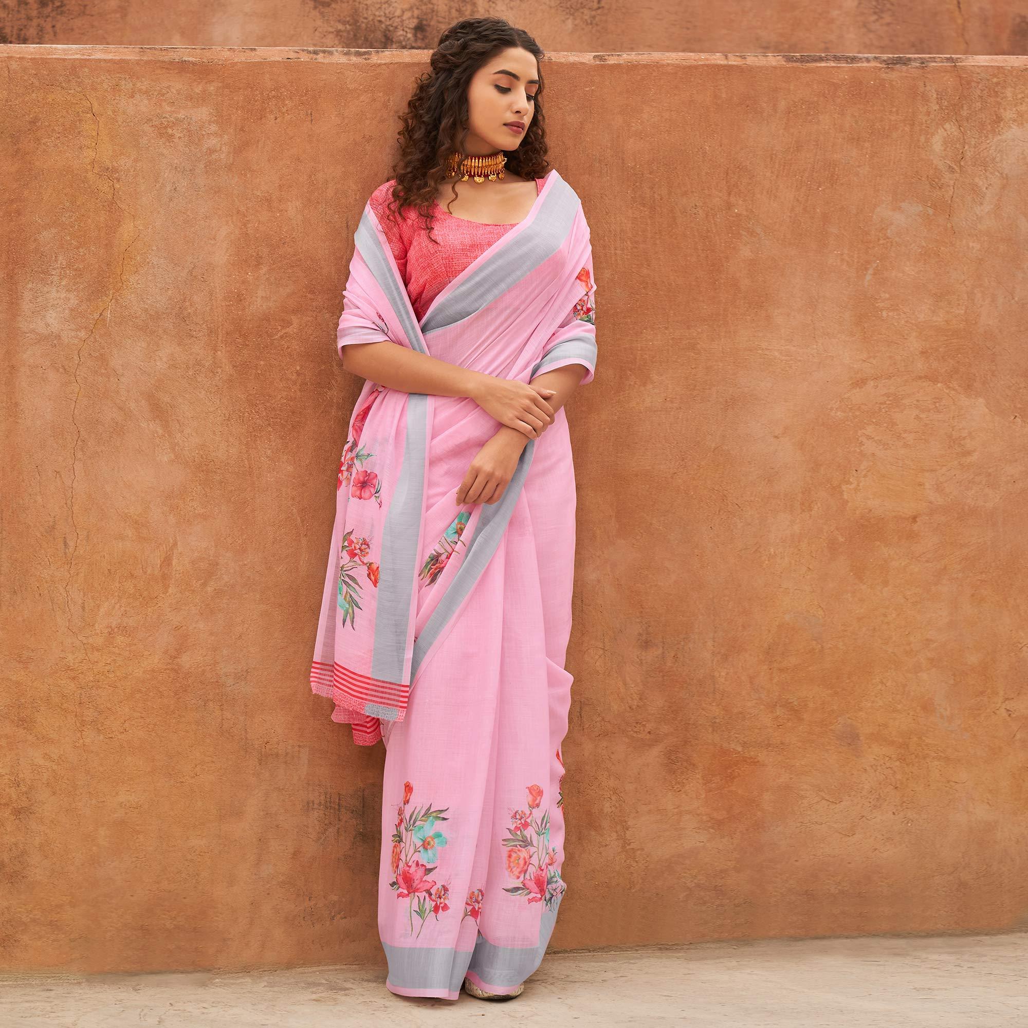 Pink Casual Wear Floral Printed Zari Border Soft Linen Cotton Saree - Peachmode