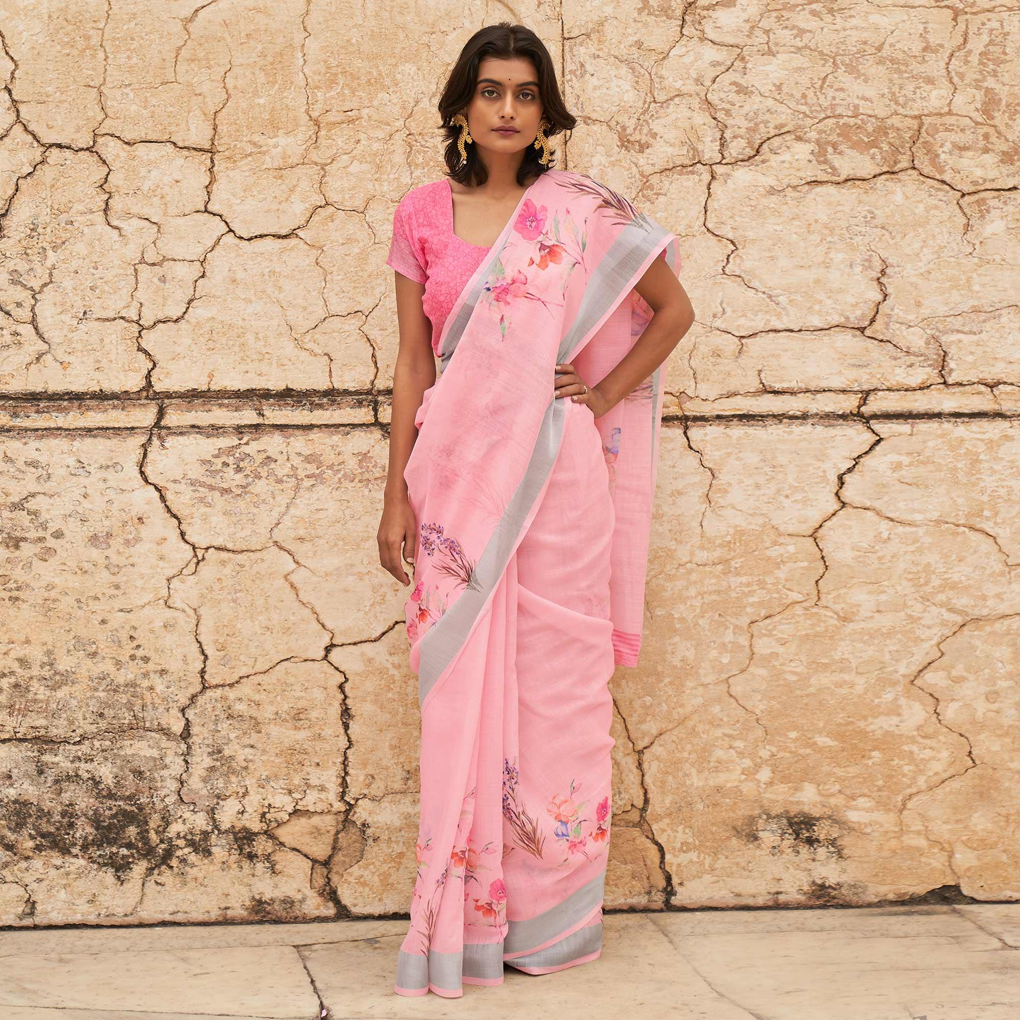 Pink Casual Wear Floral Printed Zari Border Soft Linen Cotton Saree - Peachmode