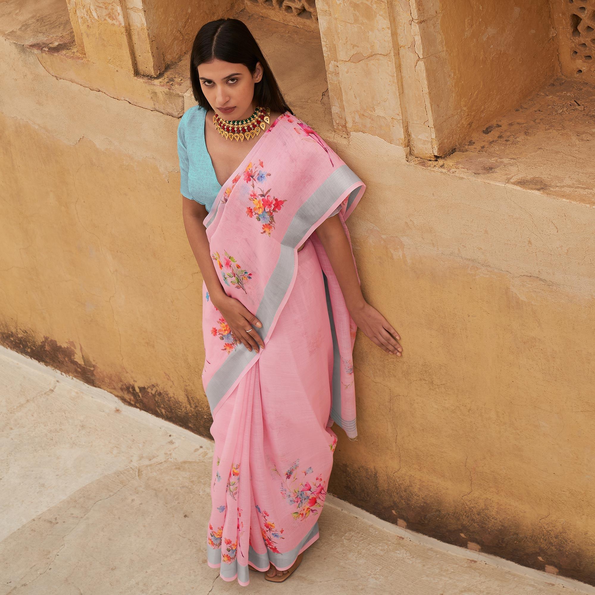 Pink Casual Wear Floral Printed Zari Border Soft Linen Cotton Saree - Peachmode