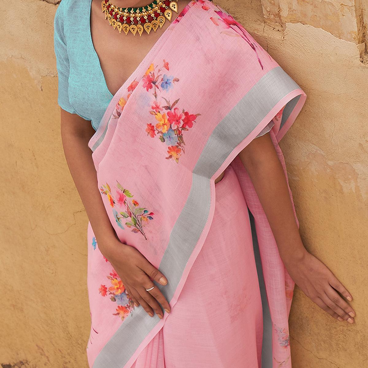 Pink Casual Wear Floral Printed Zari Border Soft Linen Cotton Saree - Peachmode
