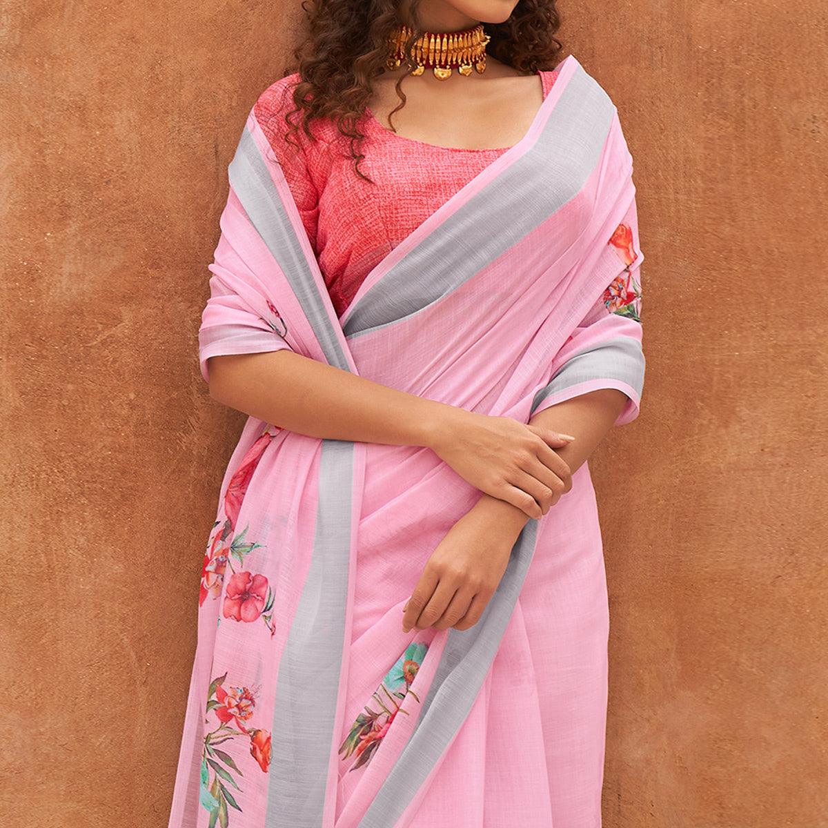 Pink Casual Wear Floral Printed Zari Border Soft Linen Cotton Saree - Peachmode