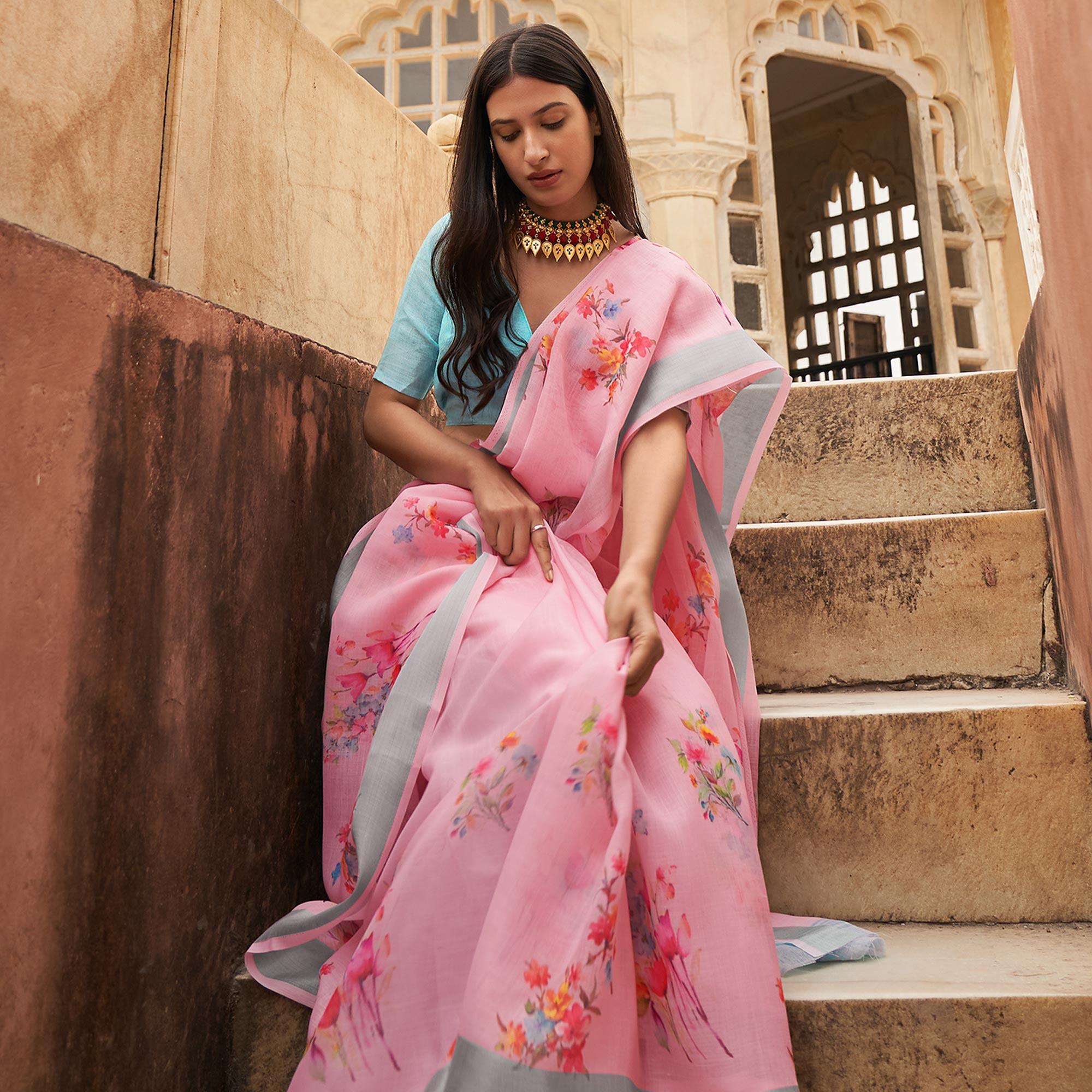 Pink Casual Wear Floral Printed Zari Border Soft Linen Cotton Saree - Peachmode