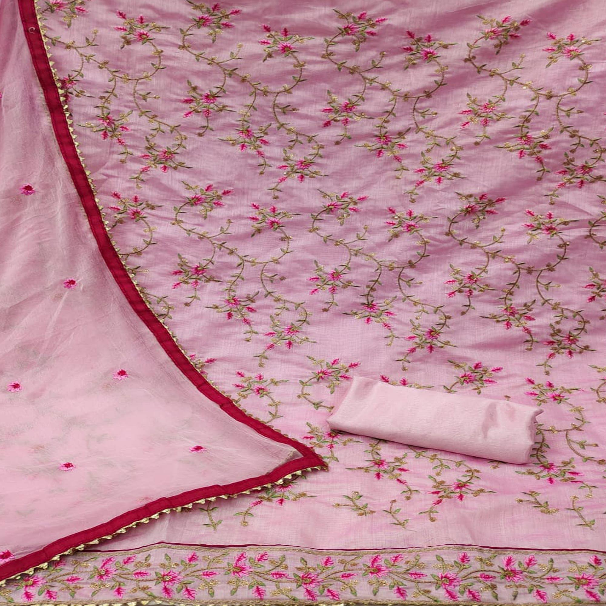 Pink Casual Wear Floral Sequence Embroidery Chanderi Dress Material - Peachmode