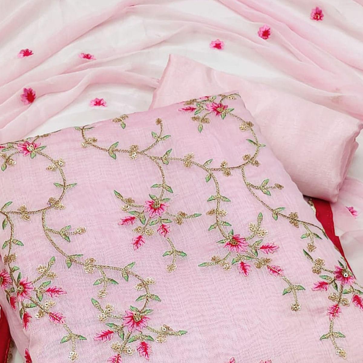 Pink Casual Wear Floral Sequence Embroidery Chanderi Dress Material - Peachmode