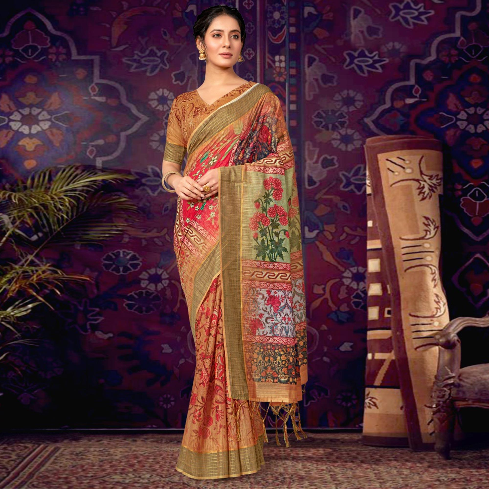 Pink Casual Wear Floral Soft Cotton Saree - Peachmode