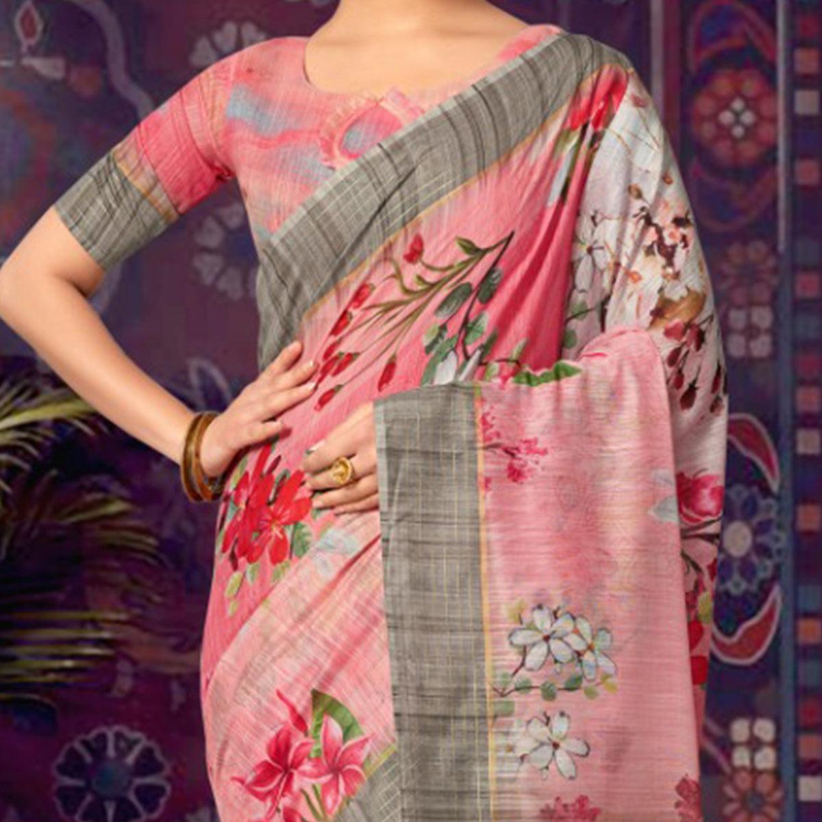 Pink Casual Wear Floral Soft Cotton Saree - Peachmode