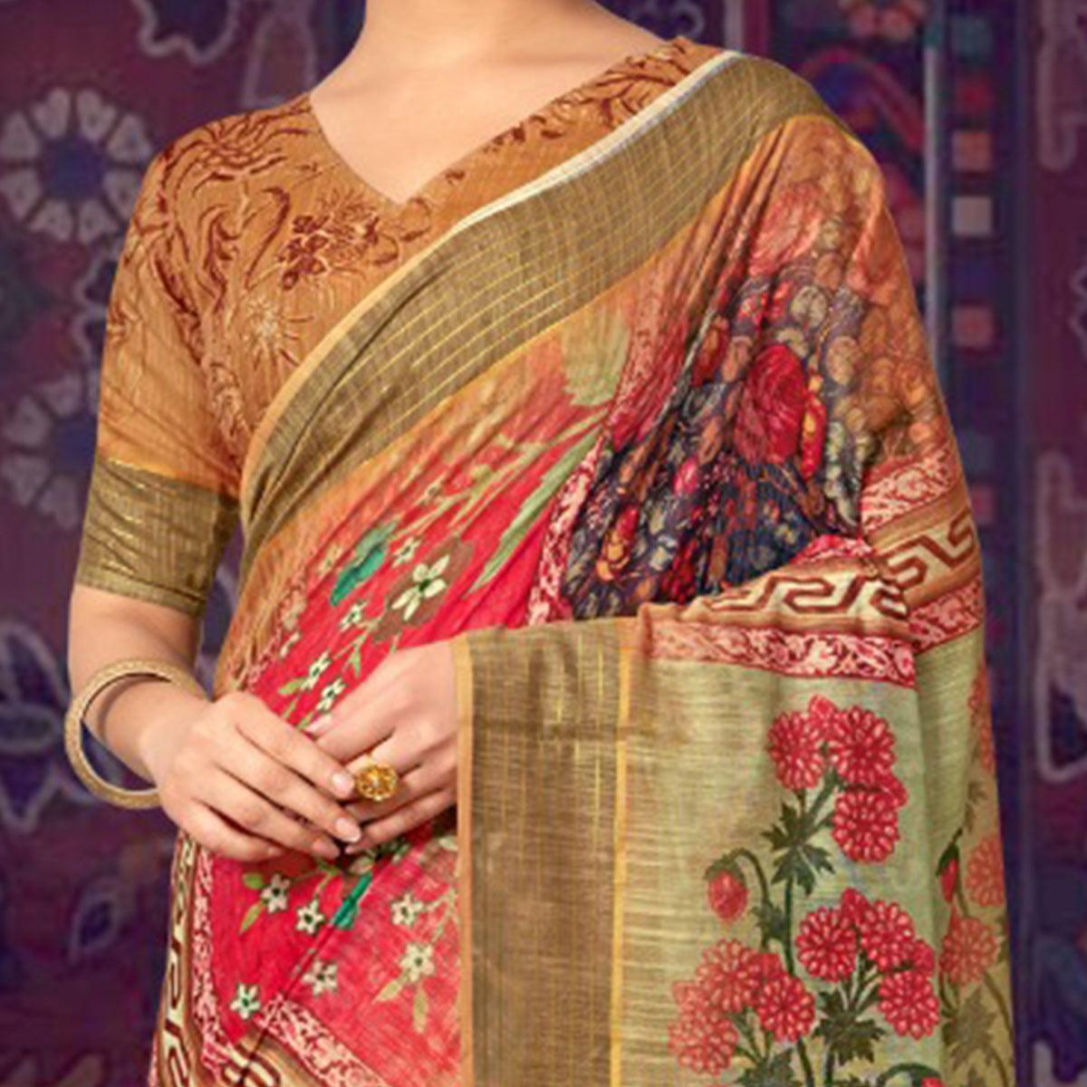Pink Casual Wear Floral Soft Cotton Saree - Peachmode
