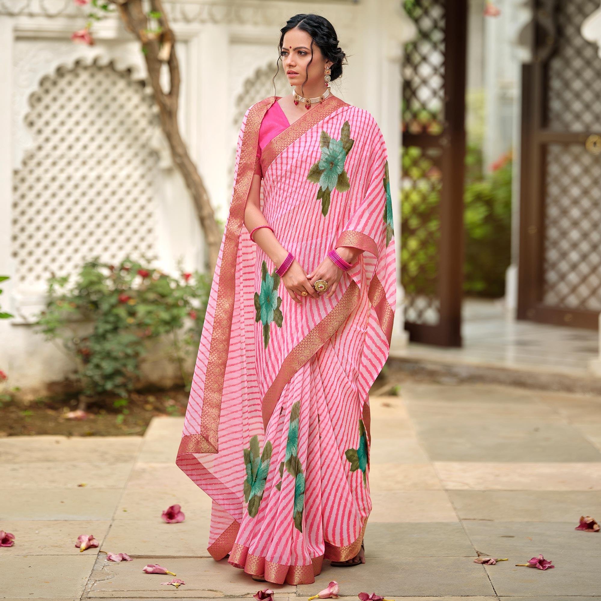 Pink Casual Wear Floral With Striped Printed Georgette Saree - Peachmode