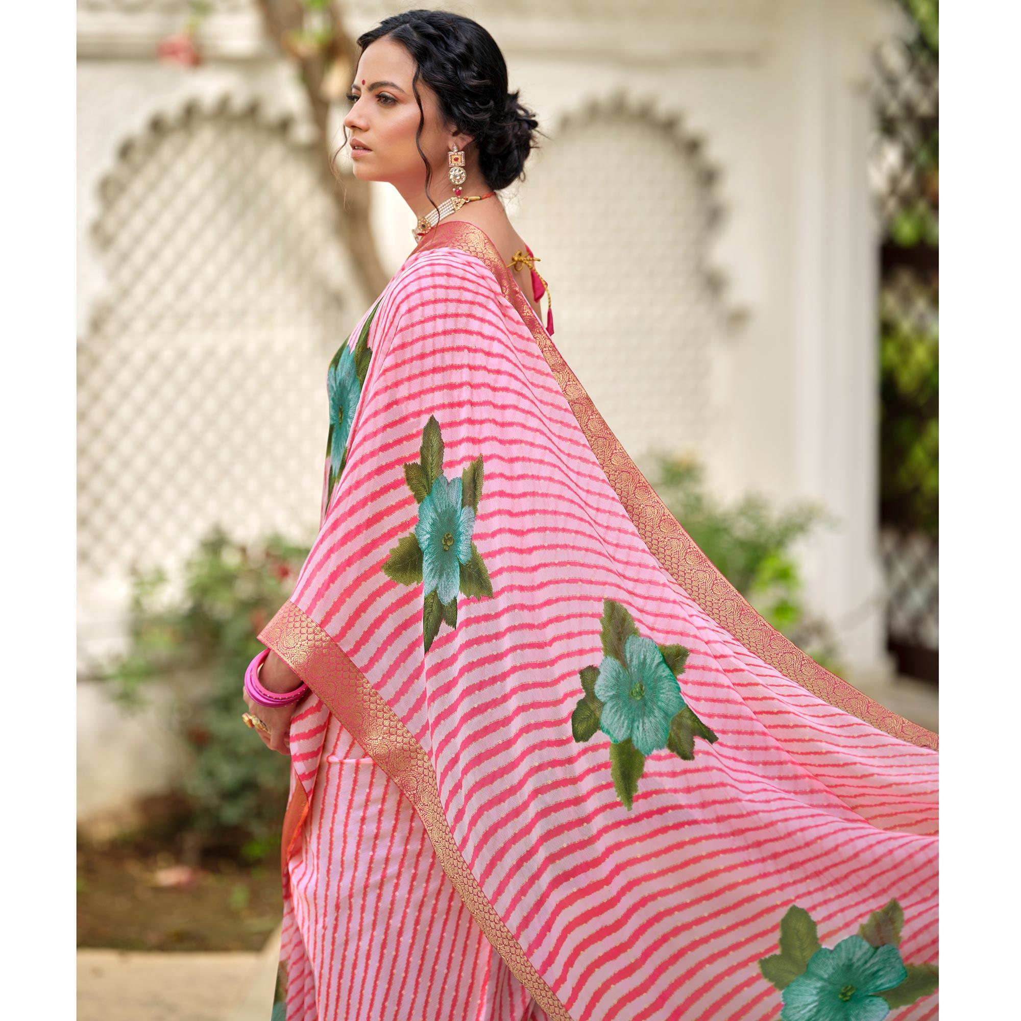 Pink Casual Wear Floral With Striped Printed Georgette Saree - Peachmode