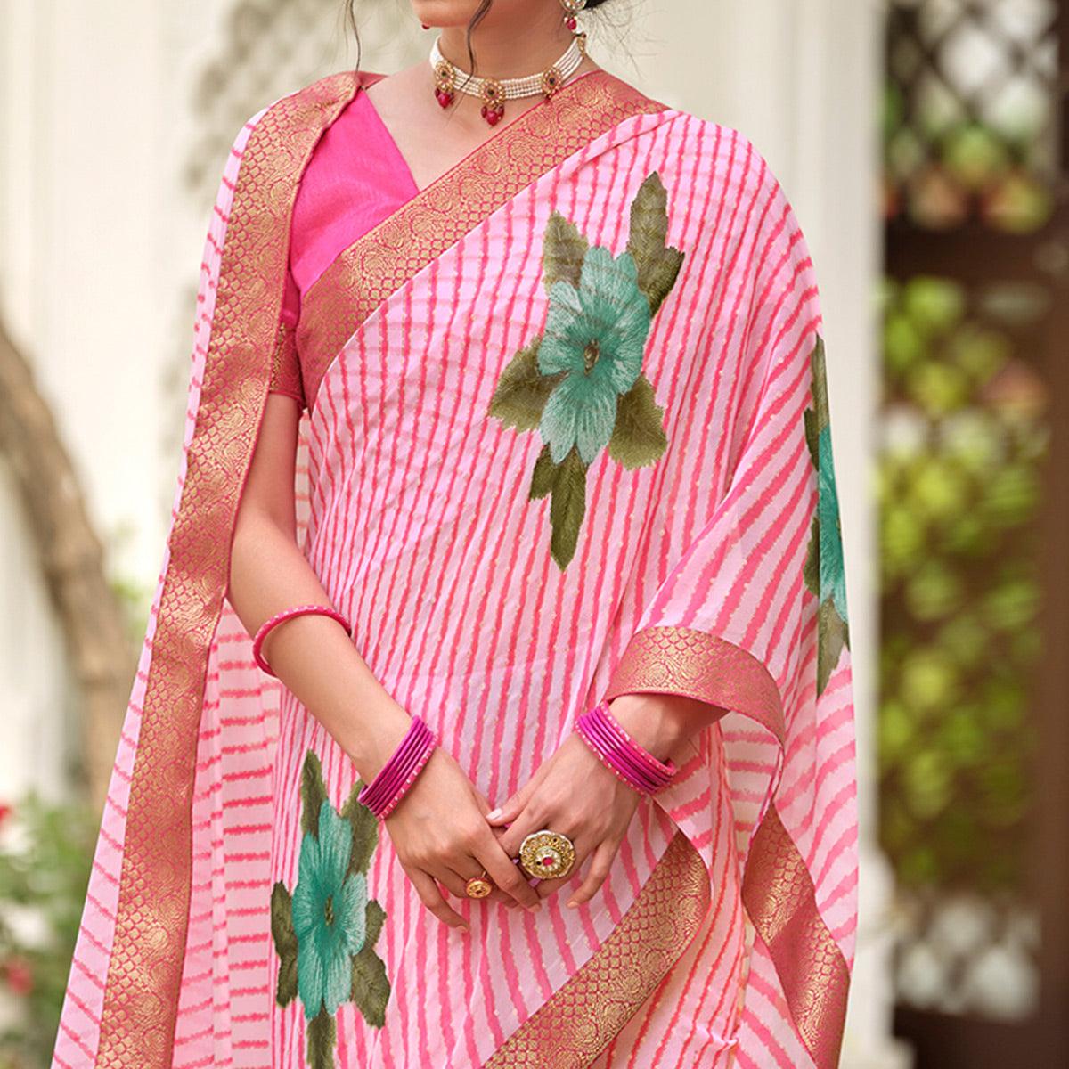 Pink Casual Wear Floral With Striped Printed Georgette Saree - Peachmode