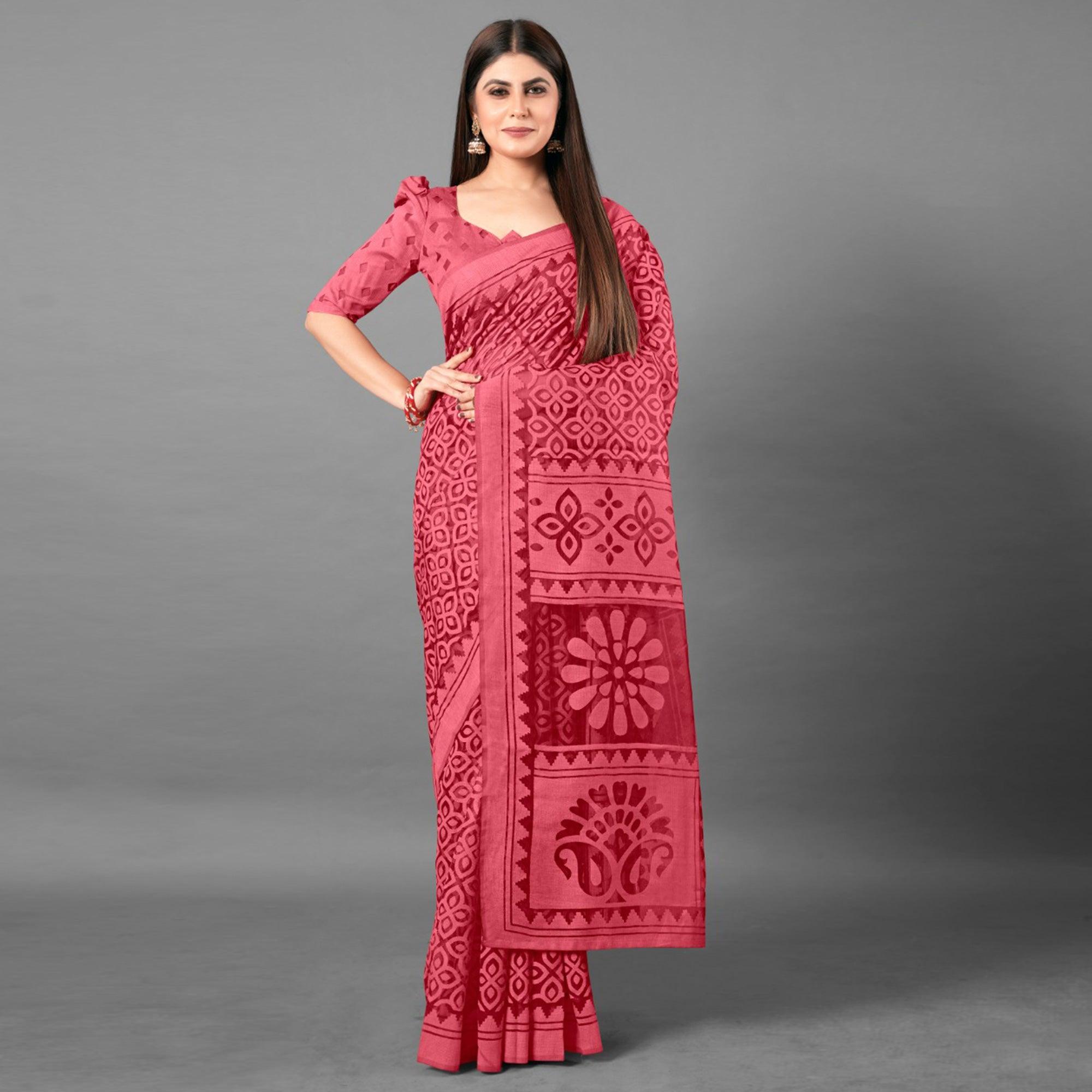 Pink Casual Wear Flower Brasso Saree - Peachmode