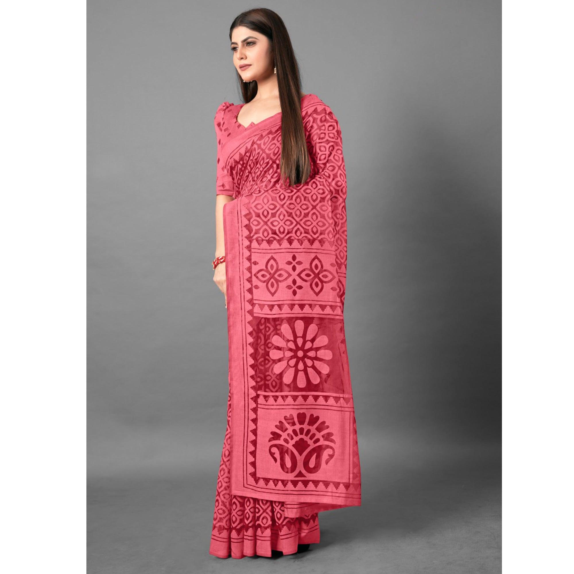 Pink Casual Wear Flower Brasso Saree - Peachmode