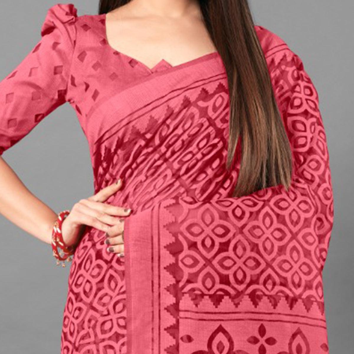 Pink Casual Wear Flower Brasso Saree - Peachmode